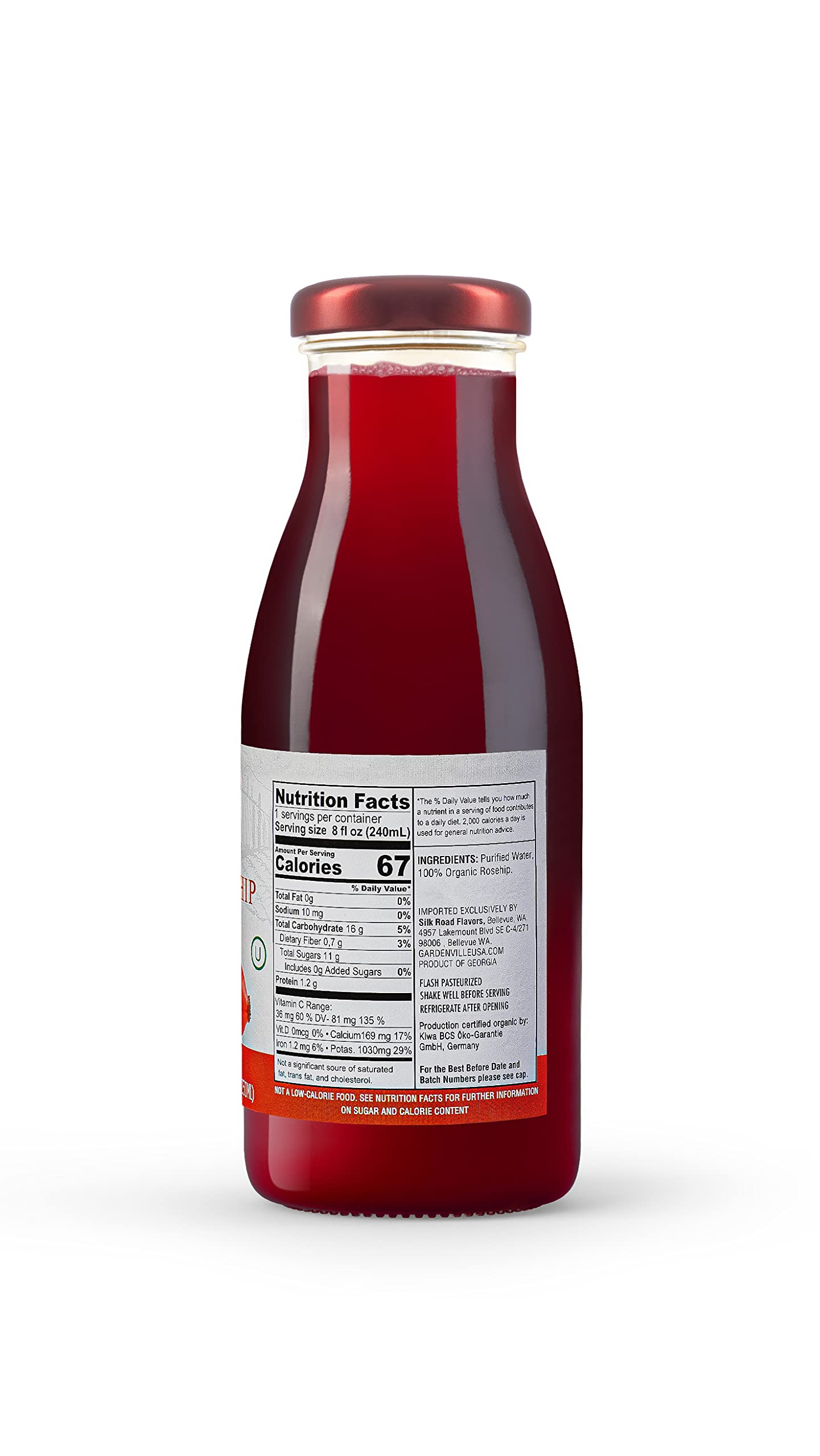 Gardenville Organic Roseship Juice (Pack of 12), USDA Organic, No Added Sugar, U Kosher Certified, Pasteurized, 8.4 oz Glass Bottles (Roseship)