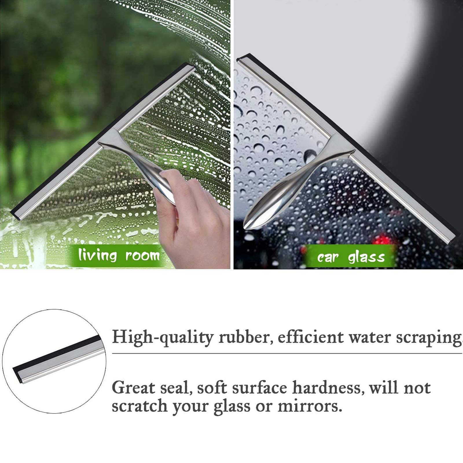 K Kwokker 12 Inch Squeegee for Shower, Shower Squeegee with Suction Cup Hooks, for Glass Door Marble Mirror Bathroom, Chrome Plated Stainless Steel