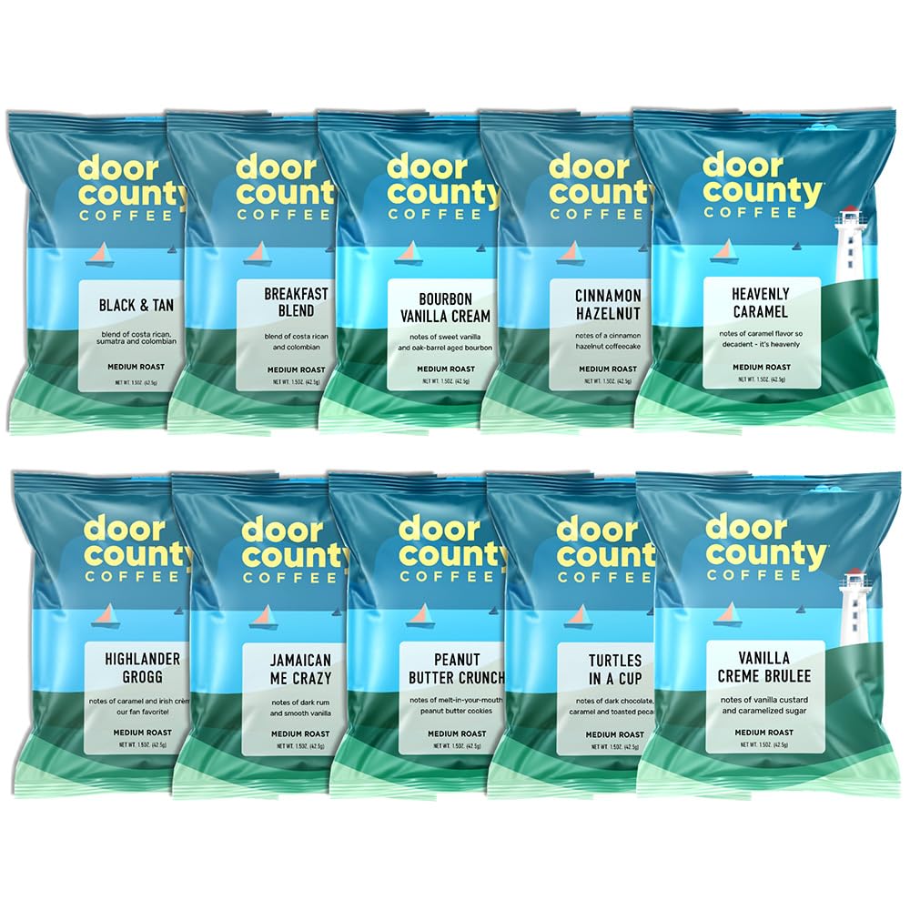 Gourmet Flavored Coffee Sampler Pack - 10 Bags of Unique Flavored Coffees - 100% Specialty Grade 1 Arabica -1.5 oz Full-Pot Bags - Roasted by Door