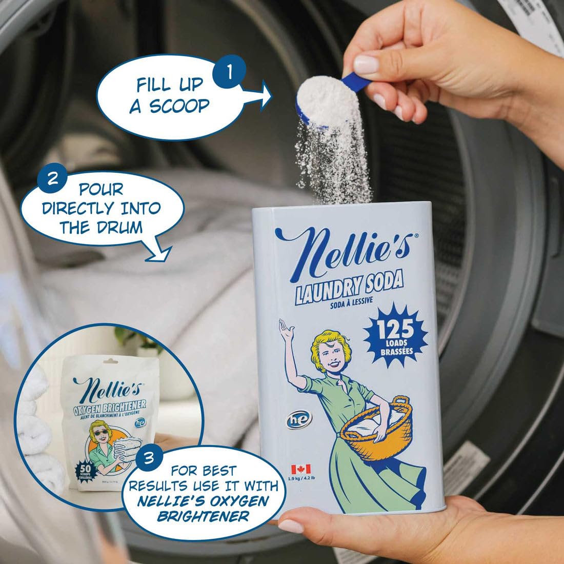 Nellie’s Laundry Soda 125 Loads - Laundry Powder Detergent - 4 Ingredients - No Residue - HE & Septic Safe - Made in Canada