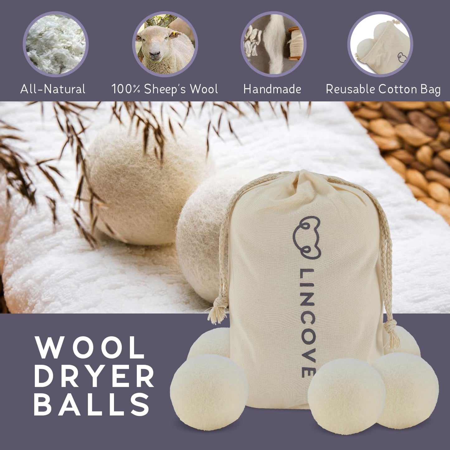 Wool Dryer Balls, 6 Pack - Natural Fabric Softener for Laundry, 100% Organic, Reusable for 1000+ Loads, Anti-Static, Reduces Drying Time, Baby Safe