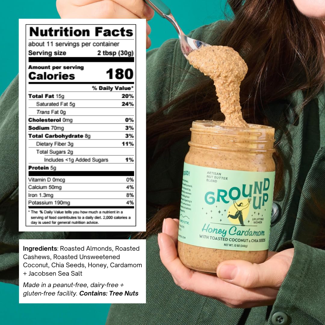 Ground Up Almond & Cashew Nut Butter - Honey Cardamom With Chia Seed - Peanut-Free, Dairy-Free, Gluten-Free, Vegan - 1 Jar 12oz