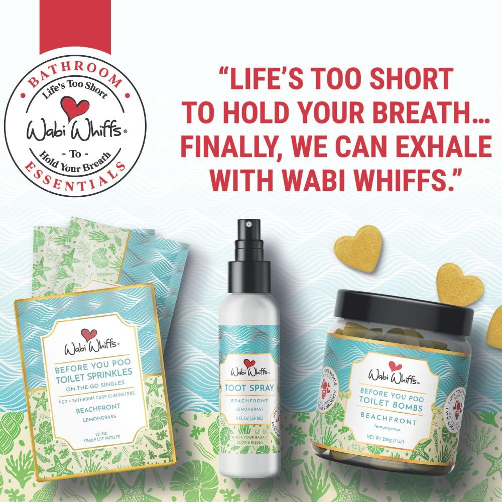 Wabi Whiffs On-the-Go Toilet Sprinkles Singles - Beach Front (12 Count) | Natural Bathroom Deodorizer | Odor Eliminator Packets for Freshness