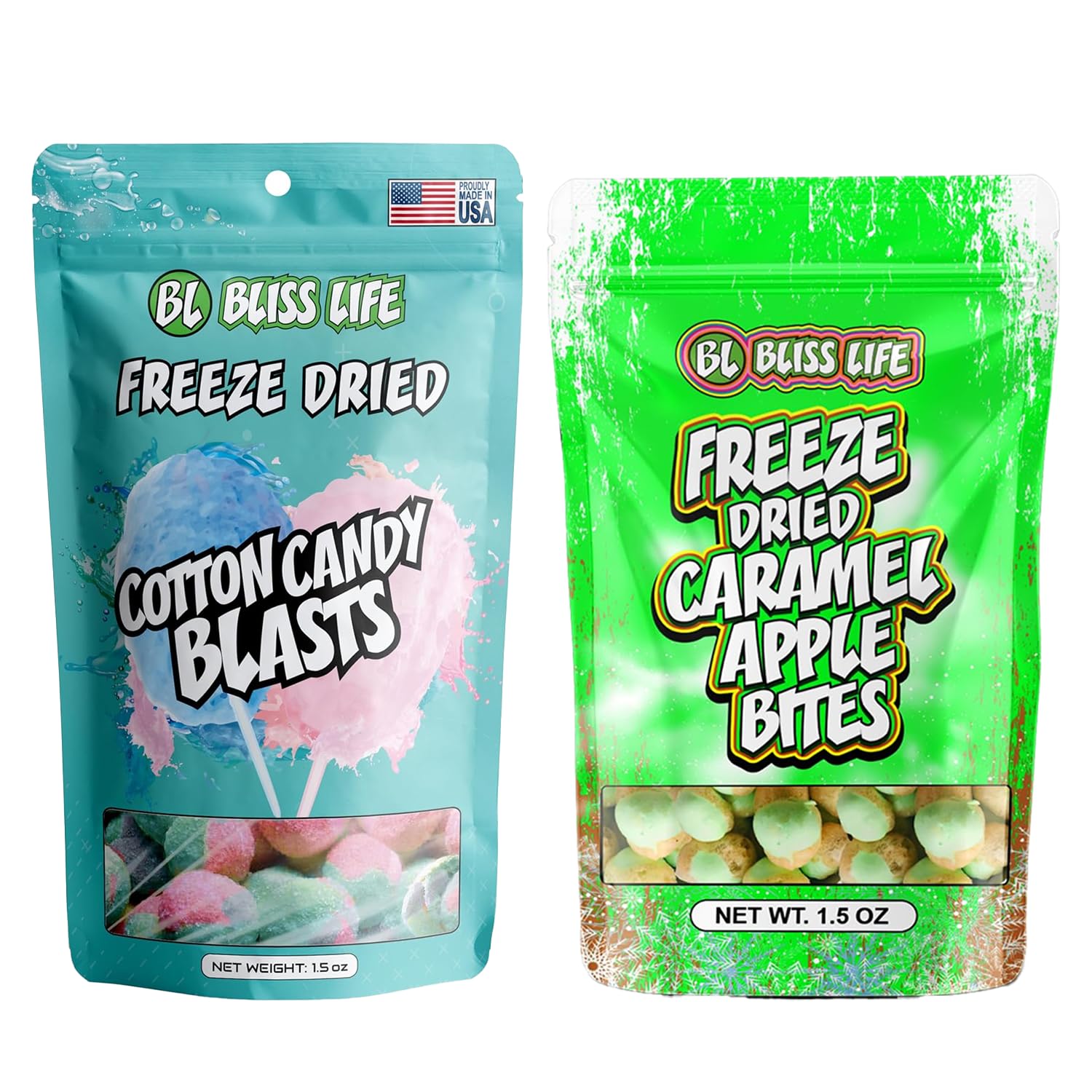 Bliss Life Freeze Dried Caramel Apple & Cotton Candy 1.5oz Bundle, Whimsical Fluffy Treats, Sweet and Fun Snacks for Kids