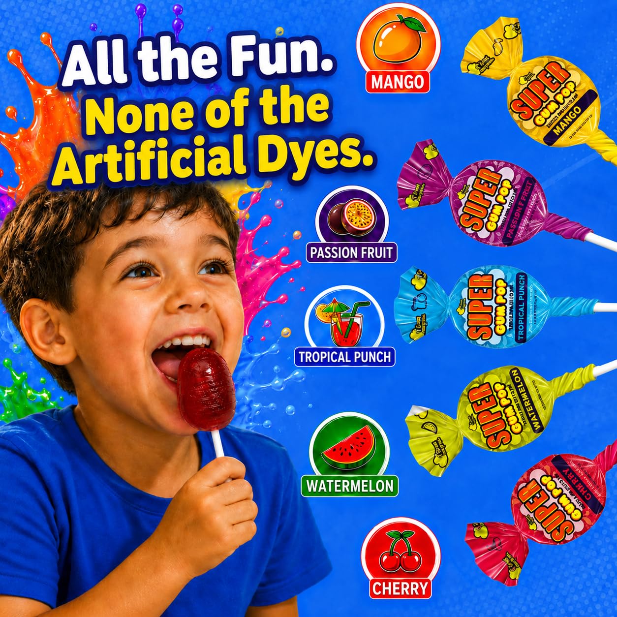 Super Gum Pops - 50 Count - No Artificial Dyes - Over 2 Pounds Lollipops With Gum - Cherry, Passionfruit, Mango, Watermelon, and Tropical Punch
