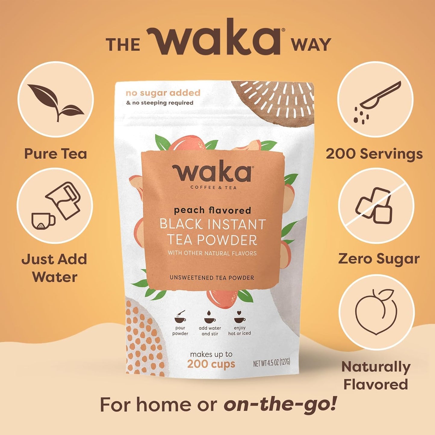 Waka Instant Black Tea Mix, Peach Flavored - 100% Tea Leaves, No Additives, Unsweetened Tea Powder for 50 Quarts or 200 Cups - Easy and Quick Hot or