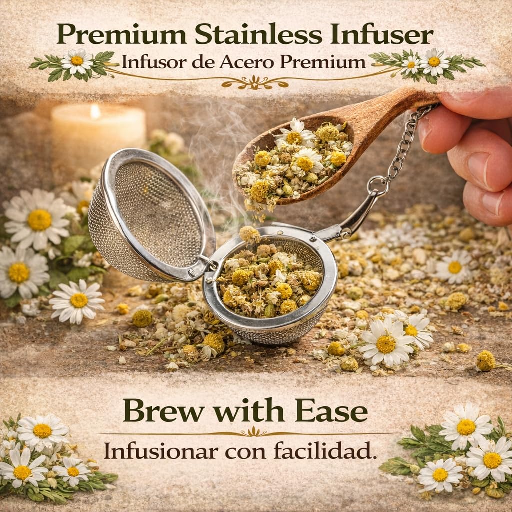 Manzanilla (Chamomile) Herbal Tea Set - 4 oz (113g) Premium Loose Leaf Flowers + Stainless Steel Tea Infuser - 100% Natural, Caffeine-Free, Vegan