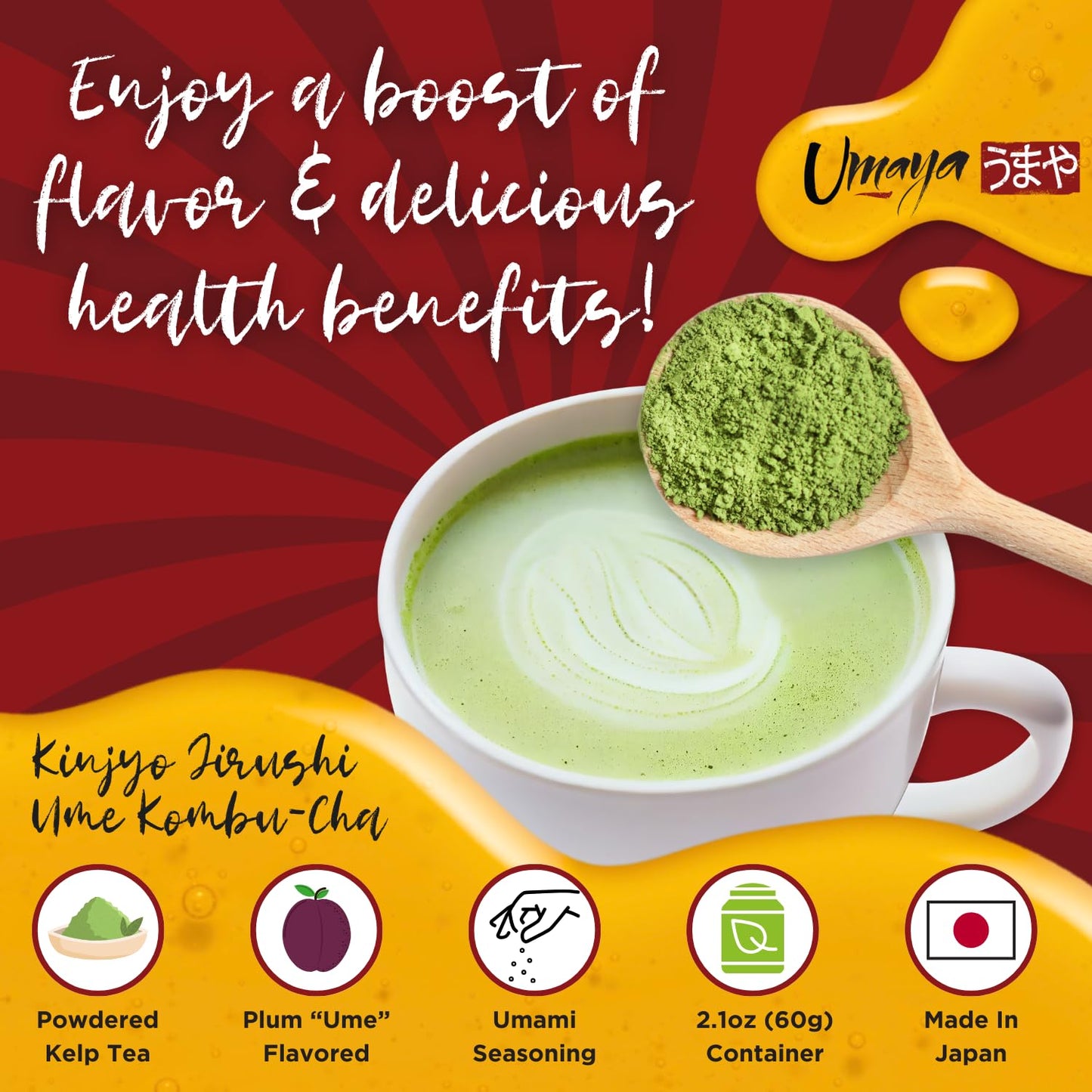 UMAYA - Kinjyo Jirushi Ume Kombu-Cha - Sweet & Sour Japanese Powdered Seaweed Tea Flavored With Plum - Kelp & Plum Green Tea Drink Mix - Versatile