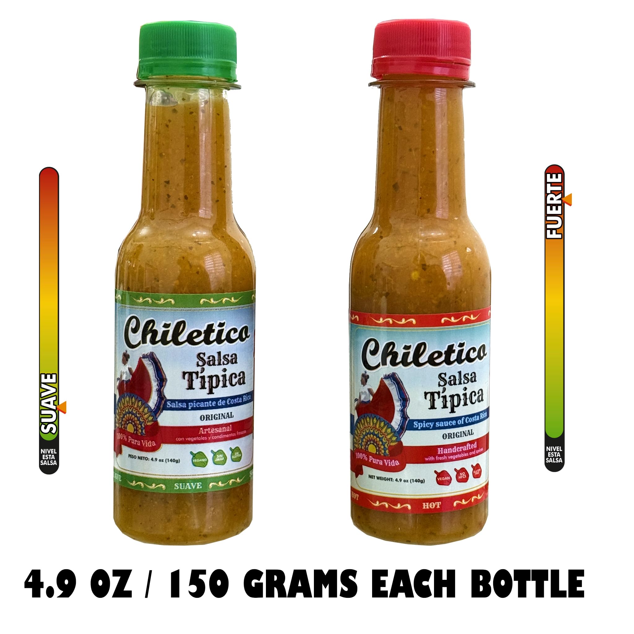 Chiletico Típica Sauce - 2 Mild + 2 Hot - Traditional Costa Rican Salsa - Artisan Handmade Flavor for Meats, Tamales, Rice & More - 4.9 oz (150 g)