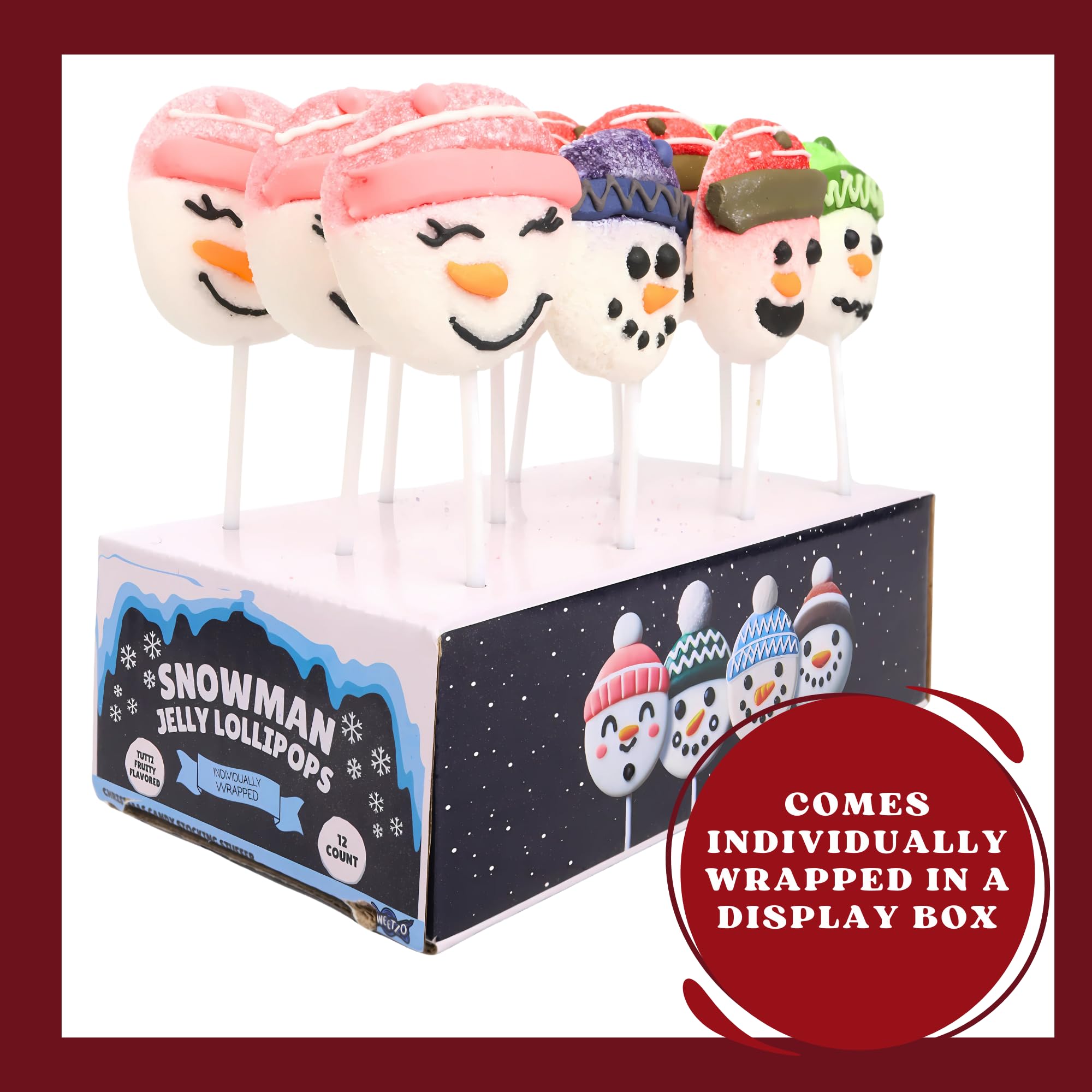 Sweetzo Snowman Jelly Lollipops, Individually Wrapped Gummy Christmas Candy, Holiday Stocking Stuffers (Pack of 12)