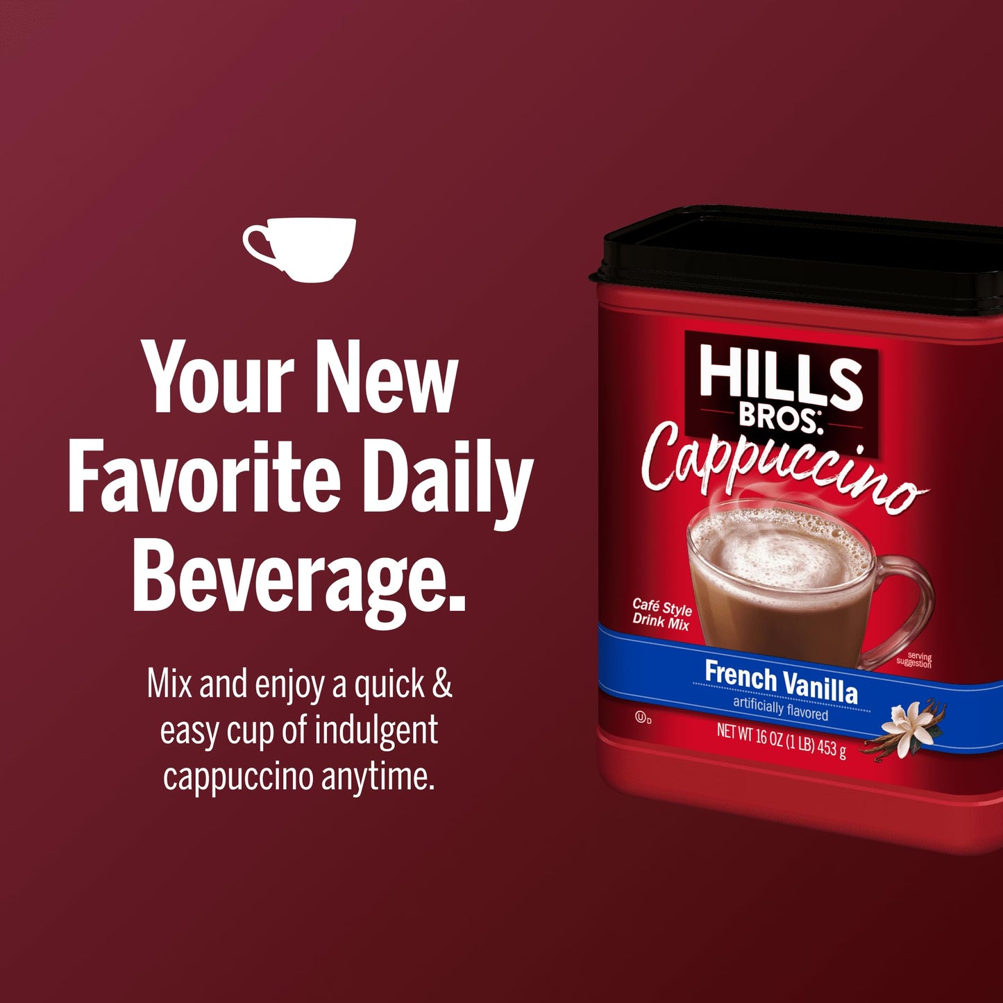 Hills Bros. Cappuccino Mix - Rich, Frothy Coffeehouse-Tasting Instant Drink Mix - Quick and Easy Preparation - Perfect for Hot & Iced Drinks