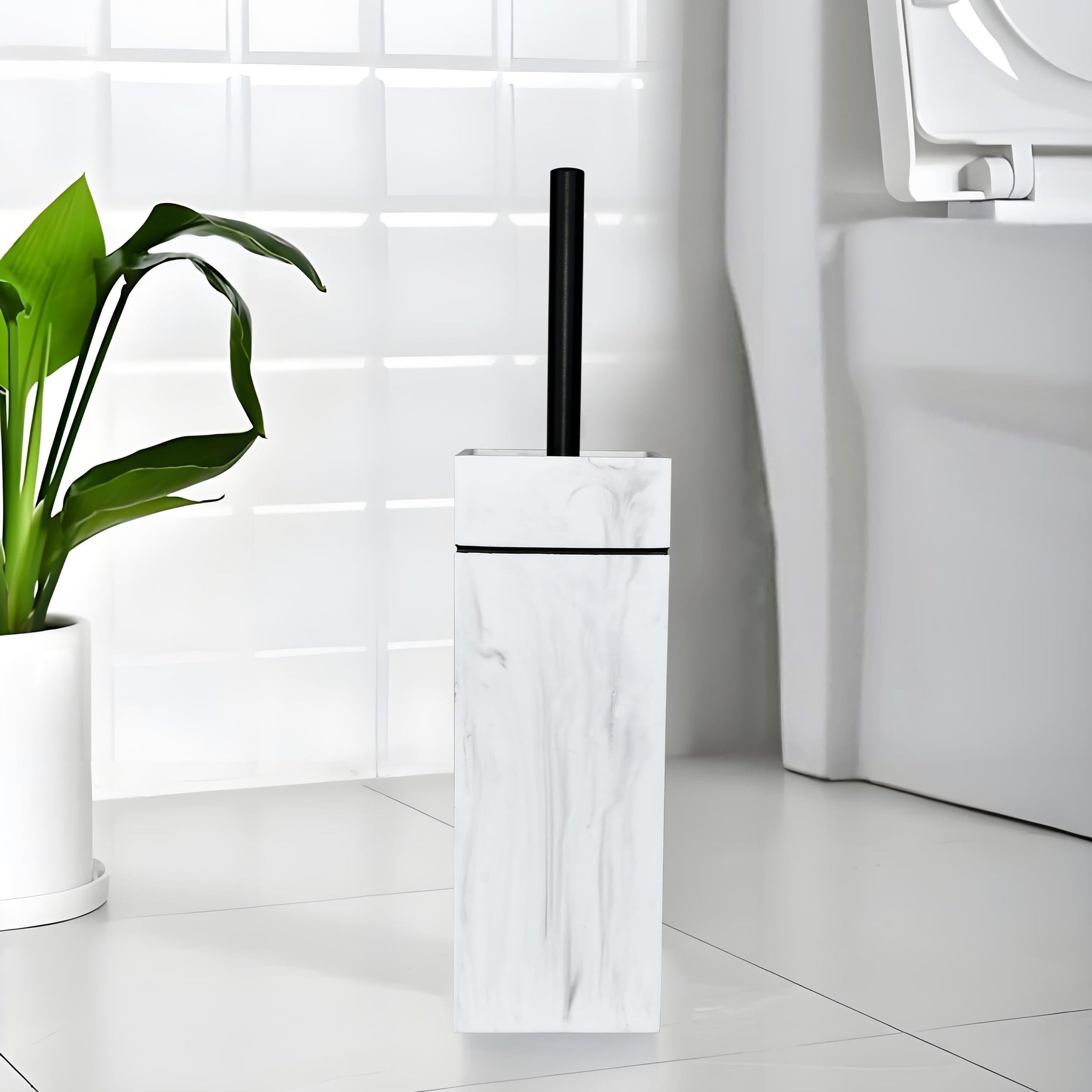 Indecor Home Black Line Design Resin Toilet Bowl Holder and Brush Set, Stylish Bathroom Cleaning Tool with Durable Bristles, Compact and Functional
