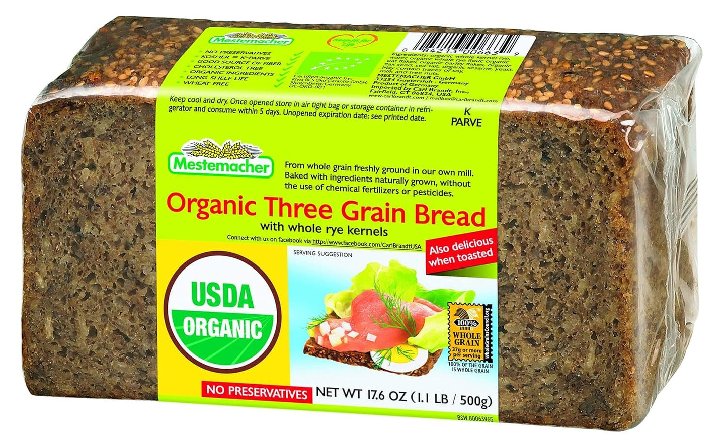 Mestemacher Organic Three Grain Whole Grain Bread, High Fiber German Bread, Shelf Stable, Vegan & Non-GMO, 17.6 Oz (Pack of 2)