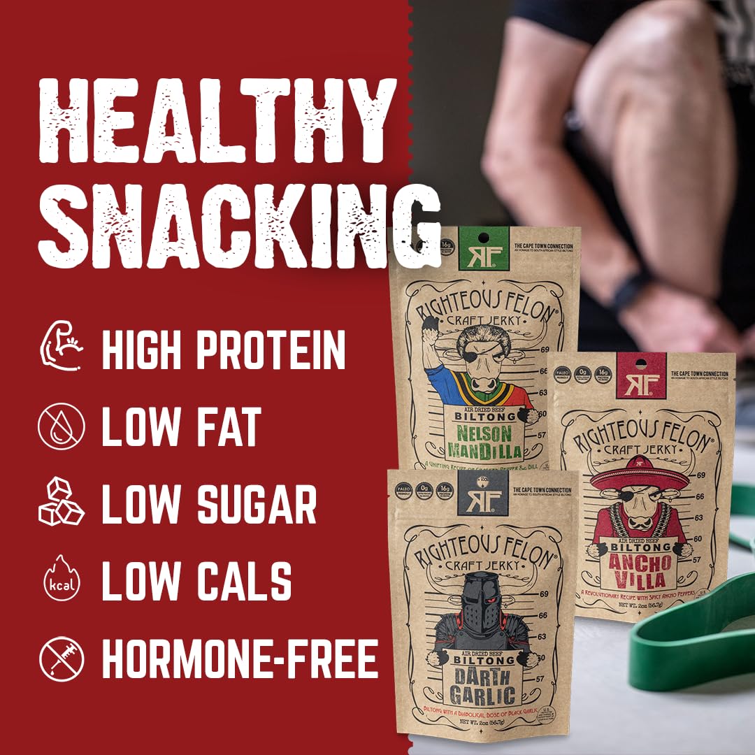 Righteous Felon Biltong Beef Jerky Variety Pack | South African Biltong Snack Packs for Adults | High Protein, Keto-Friendly, Low Sugar | Made