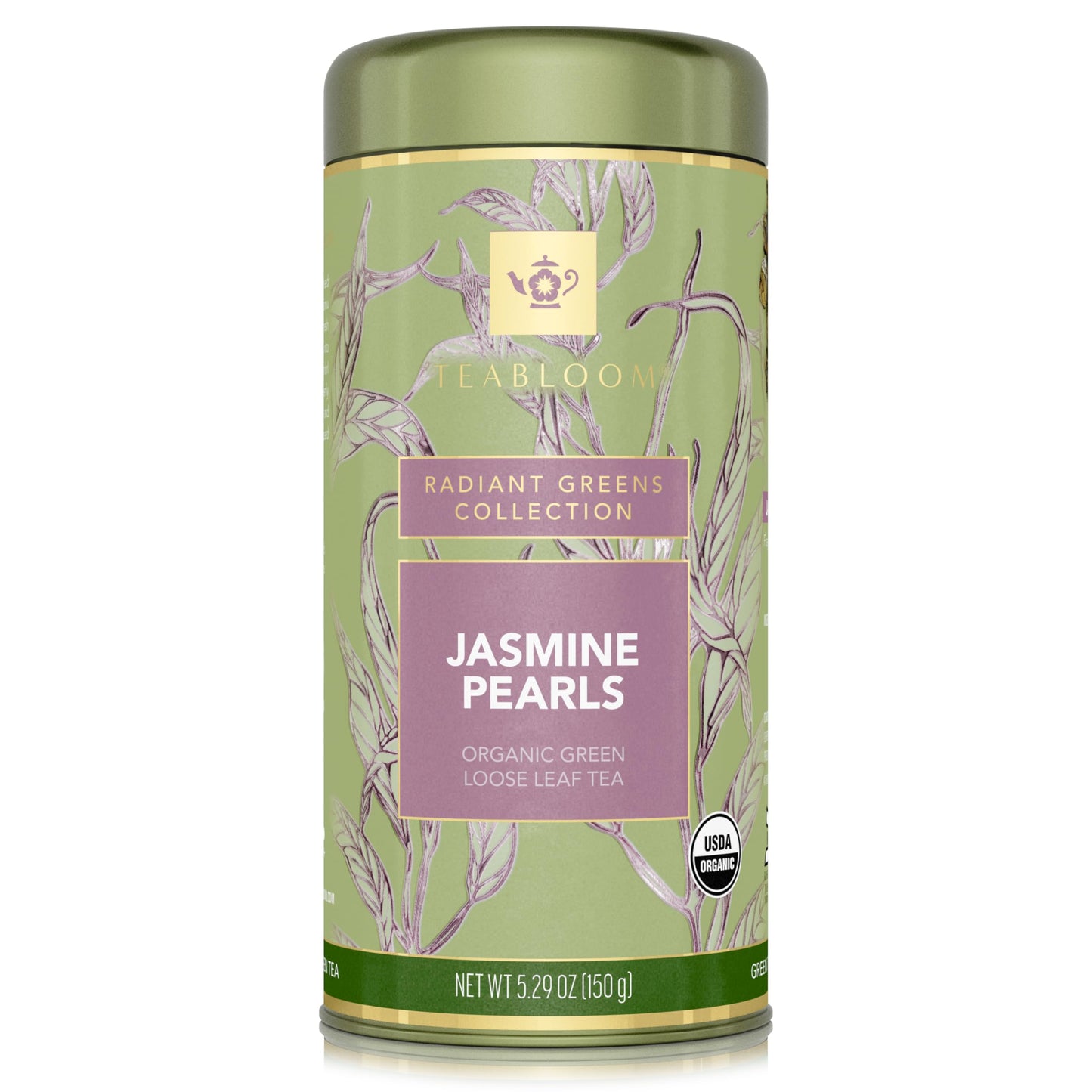 Teabloom Organic Green Tea, Jasmine Pearls Loose Leaf Tea, Captivating and Aromatic Jasmine Tea, USDA Certified Organic and Kosher, 5.29 oz/150 g