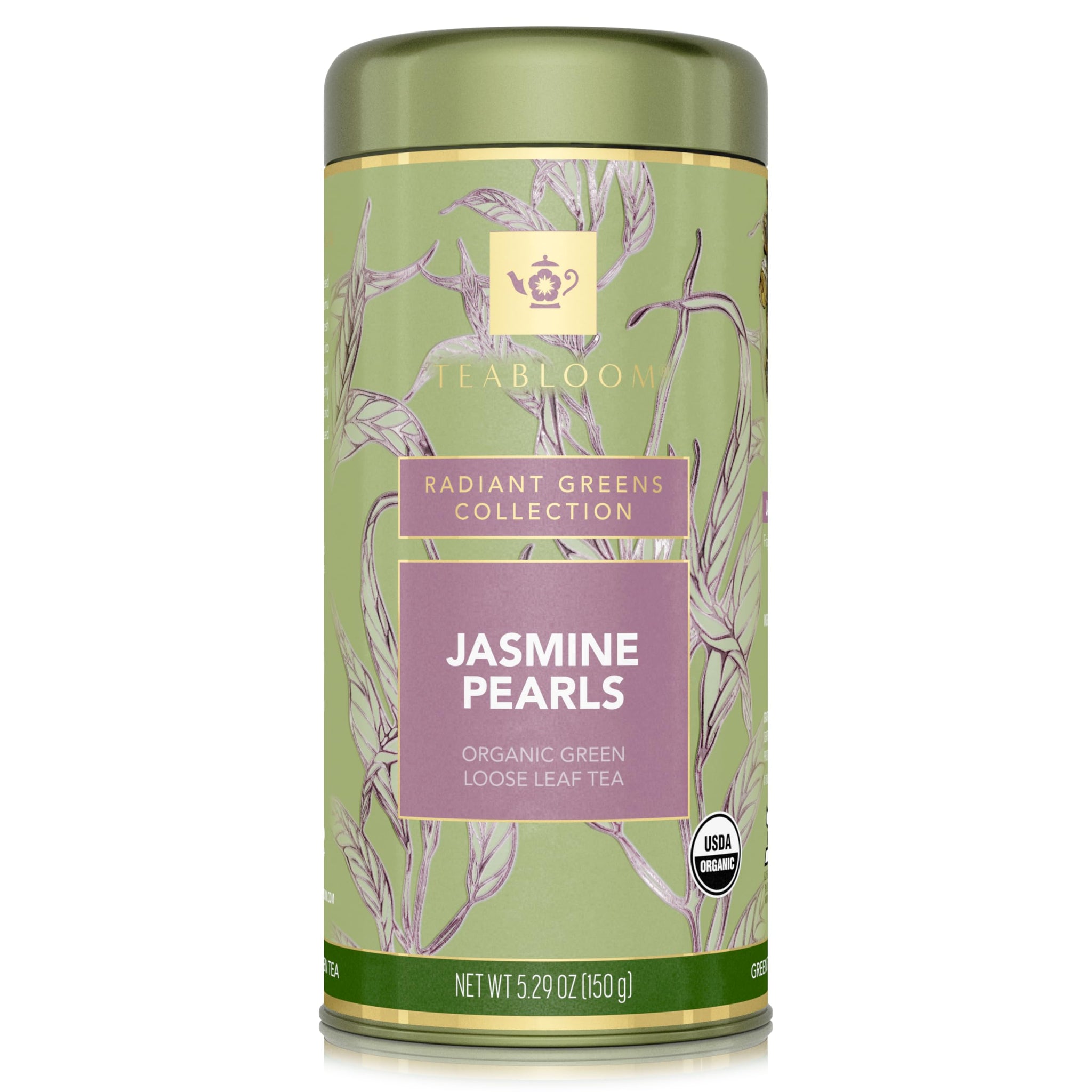 Teabloom Organic Green Tea, Jasmine Pearls Loose Leaf Tea, Captivating and Aromatic Jasmine Tea, USDA Certified Organic and Kosher, 5.29 oz/150 g