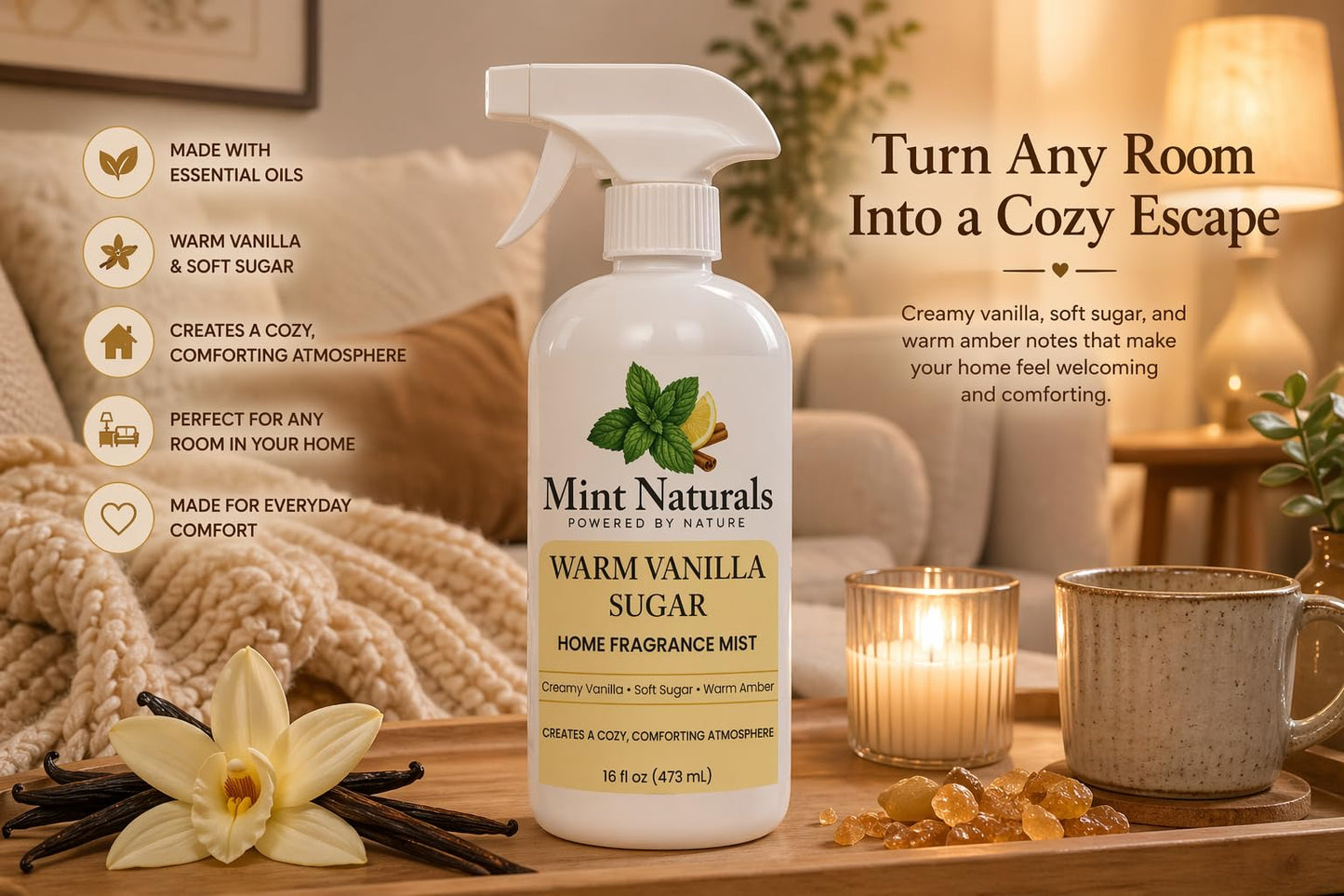 Natural Warm Vanilla Room Spray & Odor Eliminator - Cozy Vanilla Sugar Fragrance Mist That Helps Refresh Indoor Air, 16 oz - Made in USA by Mint