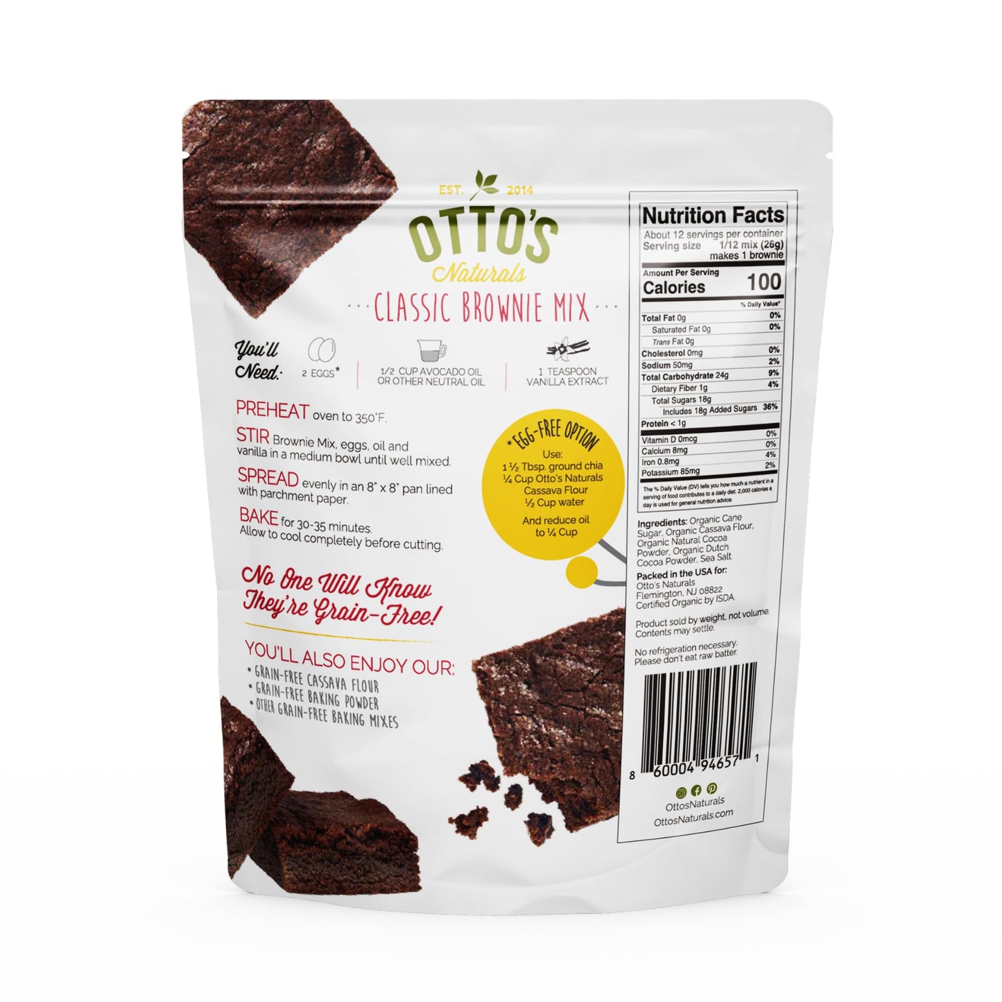 Otto's Naturals Grain-Free Classic Brownie Mix, 11.1 Oz., Top 9 Allergen-Free, Organic Cassava Flour, Gluten Free, Non-GMO, Vegan, Plant-Based
