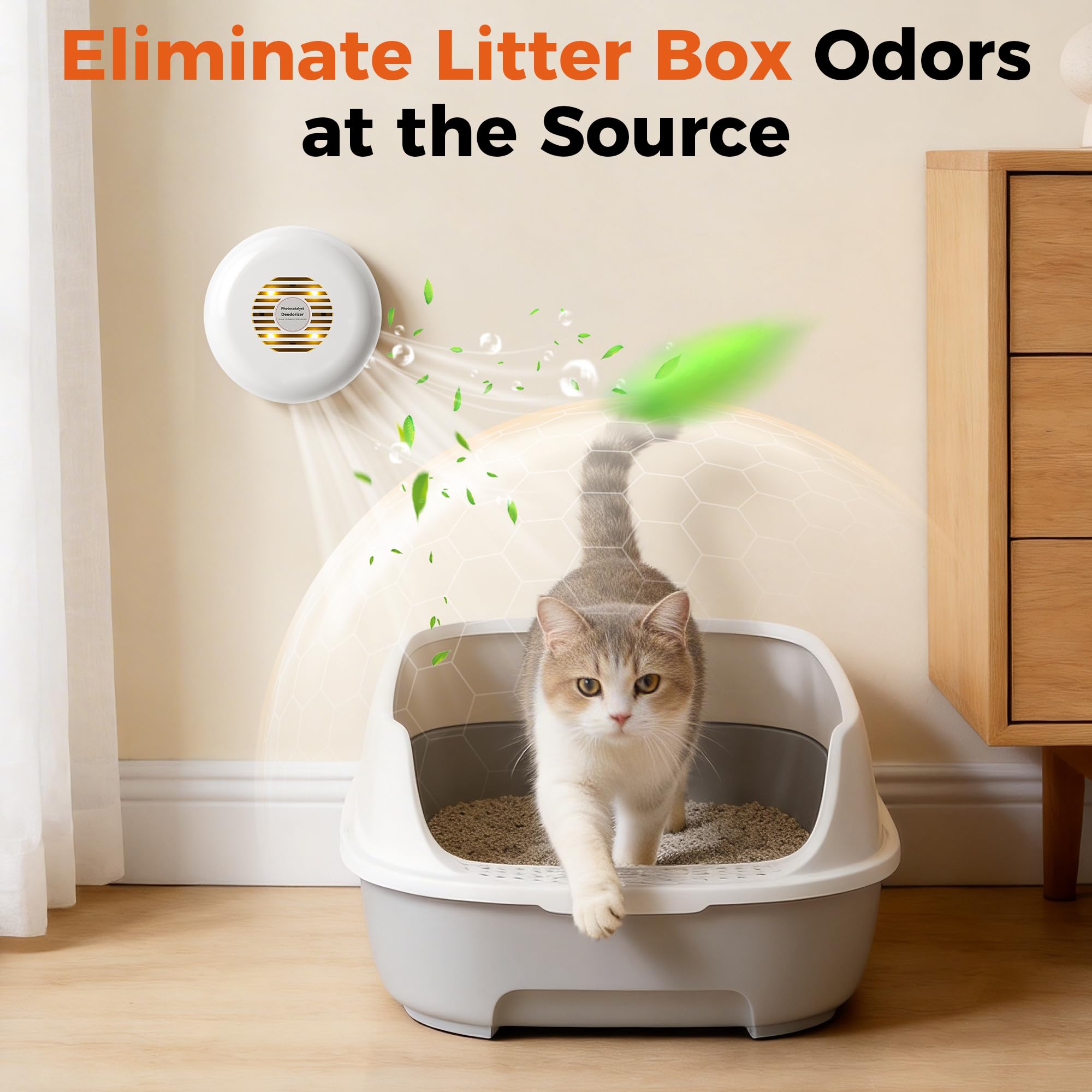 Photocatalytic Cat Litter Box Deodorizer - Ozone-Free Pet Odor Eliminator, Ultra-Quiet Air Purifier for Small Pet Areas, No Chemicals or Fragrances