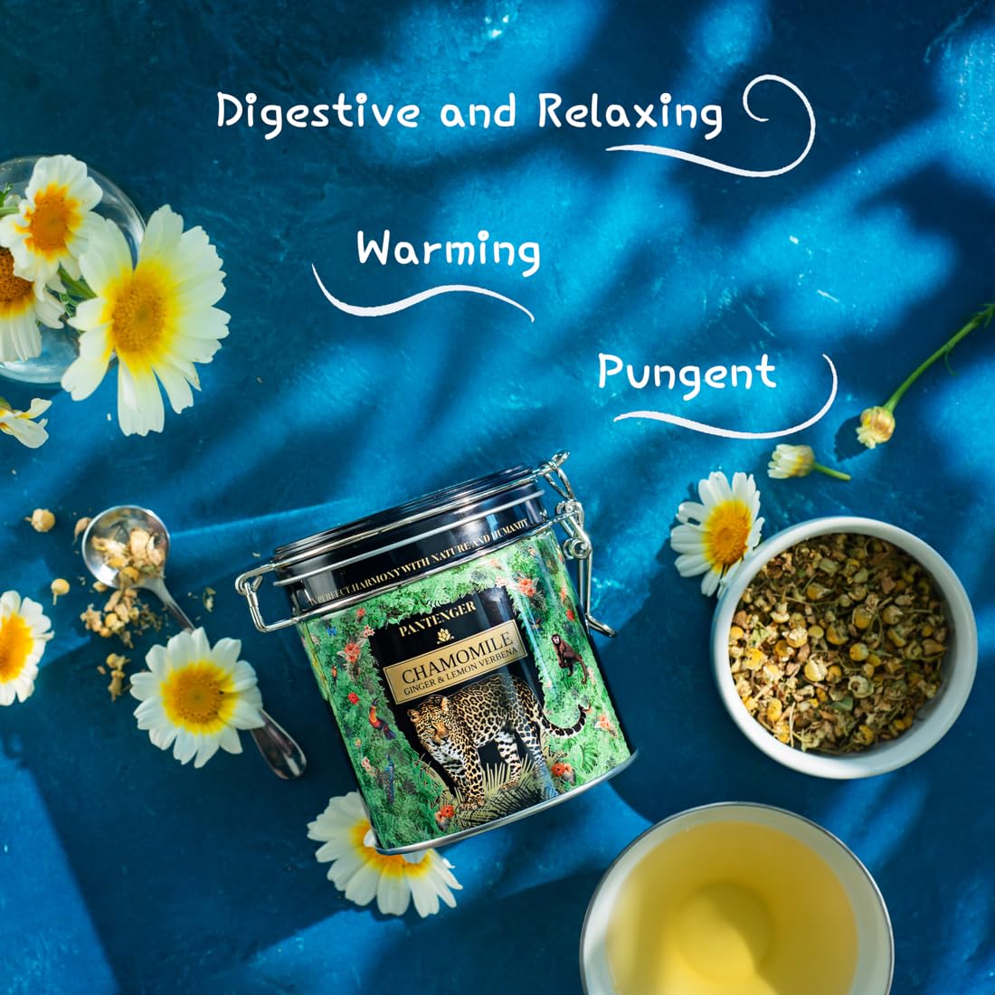 Organic German Chamomile & Ginger Herbal Tea | 20 Pyramid Bags | Calming and Digestive Caffeine Free Herbal Tea | By Pantenger