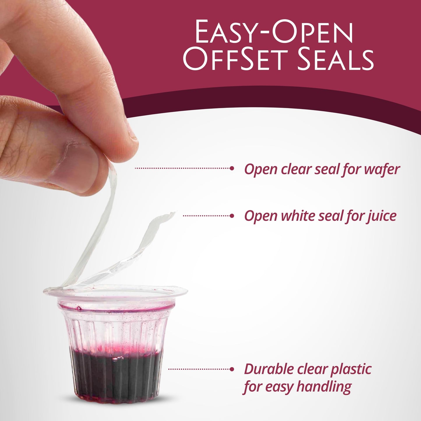 TrueVine Elements Cup - Prefilled Communion Cups and Wafer Set, Offset Tabs, Juice & Crispy Wafer, Sealed for Freshness, Holy Communion Bread