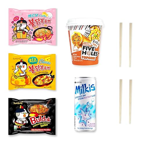 Korean Spicy Ramen Box | 3 Buldak Ramen “Original, Cheese, Carbo +1 Korean Spicy Rice Cake Tteokbokki +1 Korean Sweet Drink + 4 Chopsticks | Korean