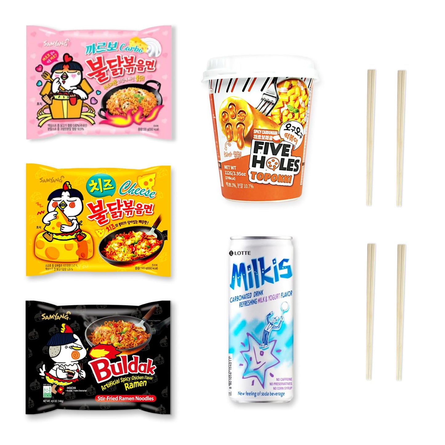 Korean Spicy Ramen Box | 3 Buldak Ramen “Original, Cheese, Carbo +1 Korean Spicy Rice Cake Tteokbokki +1 Korean Sweet Drink + 4 Chopsticks | Korean