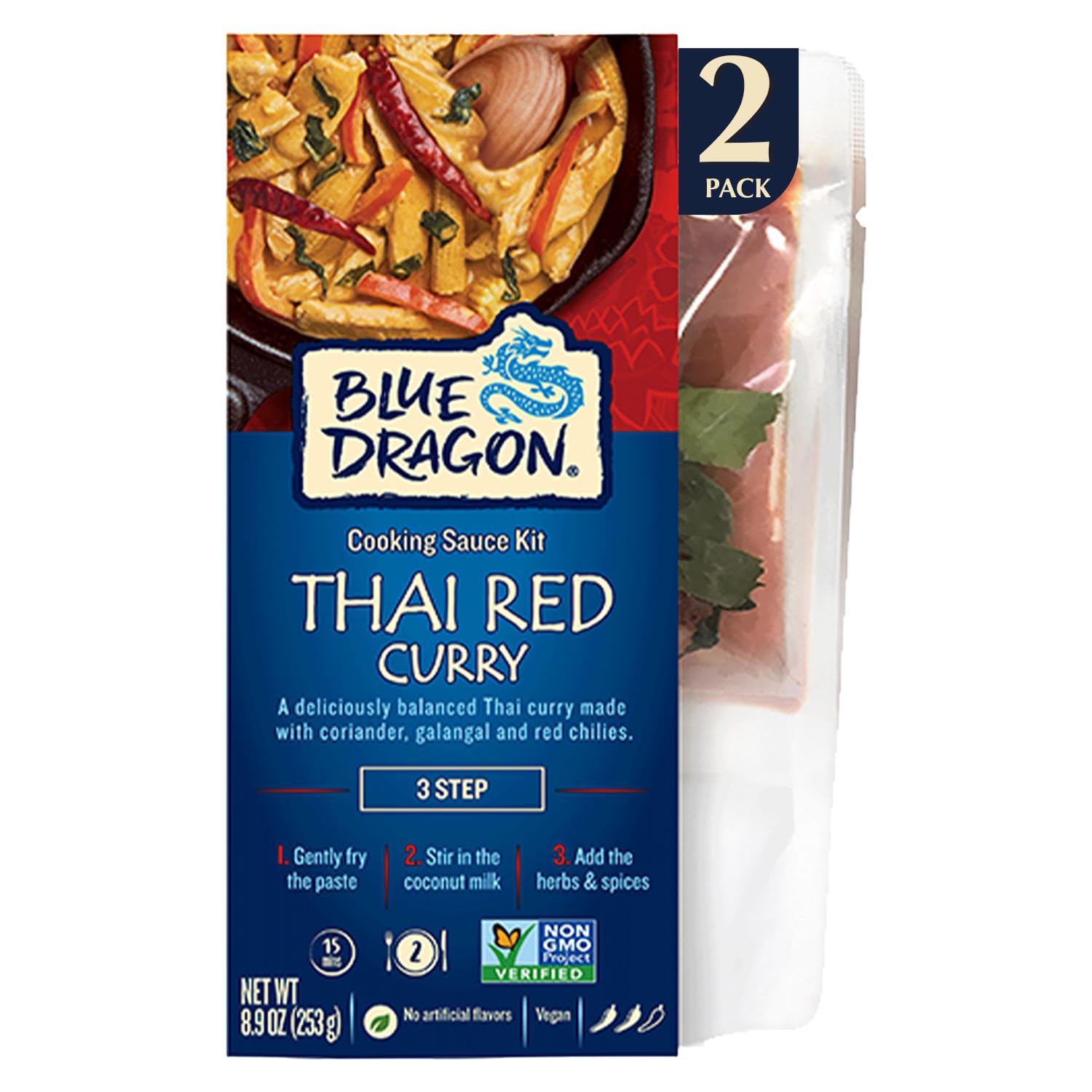 Blue Dragon 3 Step Thai Red Curry Kit - 8.9 oz (Pack of 2) - Pre-Portioned Sachets of Authentic Thai Red Curry Paste, Coconut Milk, & Aromatic Herbs