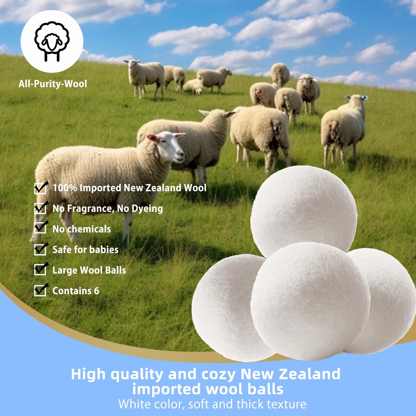 Wool Dryer Balls, 6 Pack Reusable Natural Fabric Softener Ball, Chemical-Free, No Lint, for Baby Clothes, Laundry Balls for Dryer, Anti Static