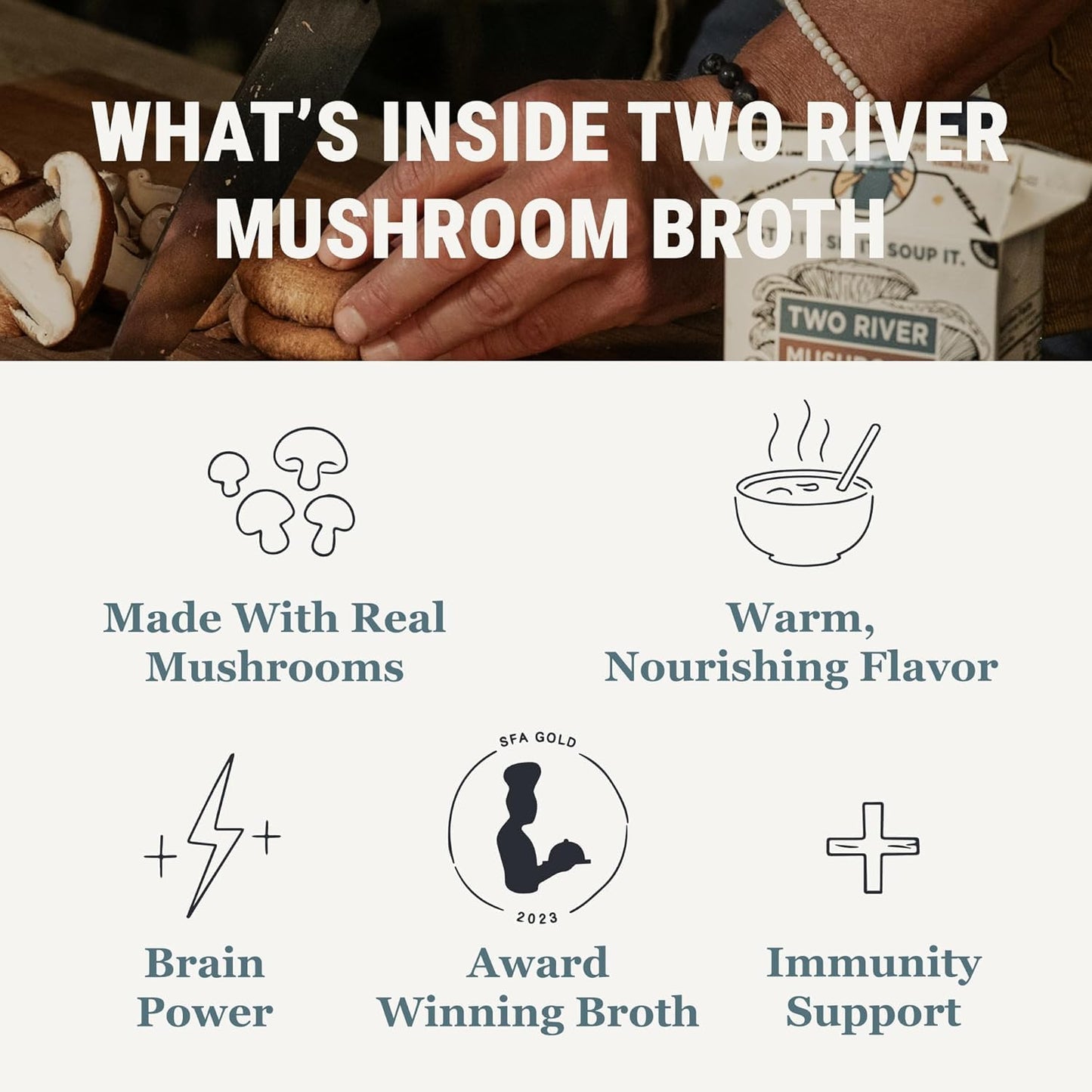 Two River Lion's Mane Mushroom Broth made with organic Lion's Mane and Shiitake Mushrooms, vegan plus adaptogens, perfect for sipping and souping