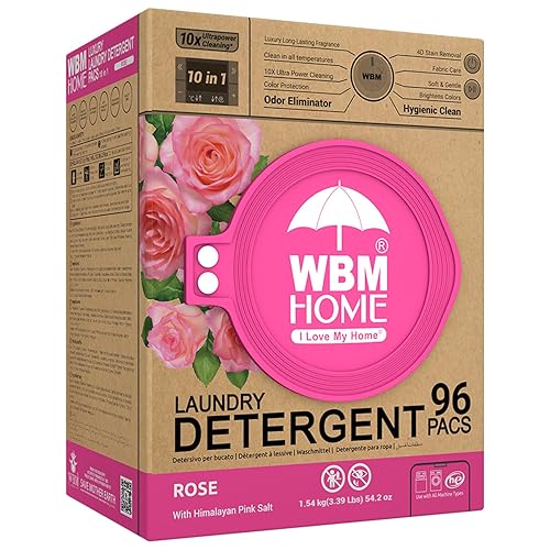 WBM Home 10-in-1 Laundry Pods, Total 96 Count, Ultra Concentrate with Powerful Stain Lifter Technology, Fabric Softener With Rose Extracts, Detergent