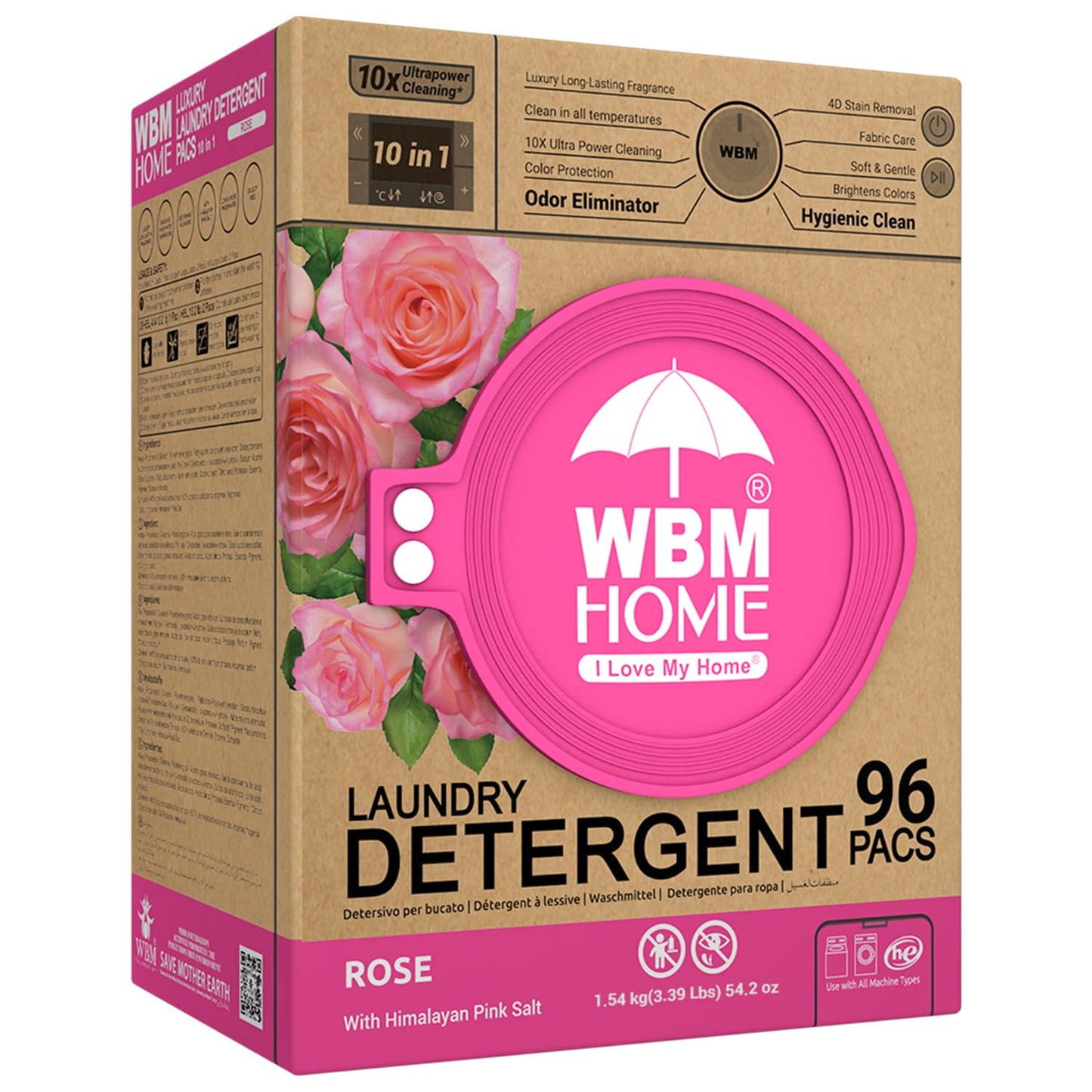 WBM Home 10-in-1 Laundry Pods, Total 96 Count, Ultra Concentrate with Powerful Stain Lifter Technology, Fabric Softener With Rose Extracts, Detergent