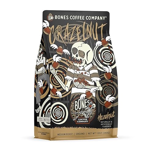 Bones Coffee Company Crazelnut, Hazelnut Flavored Coffee, Medium Roast Low Acid Arabica Beans Compatible with Auto drip and French Press Coffee Maker