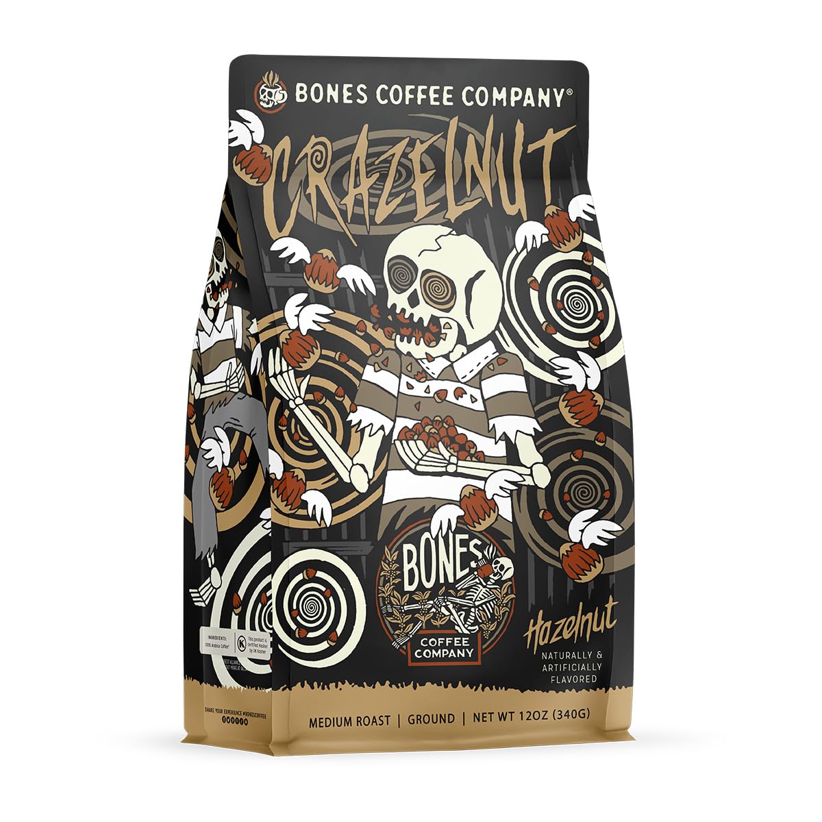 Bones Coffee Company Crazelnut, Hazelnut Flavored Coffee, Medium Roast Low Acid Arabica Beans Compatible with Auto drip and French Press Coffee Maker