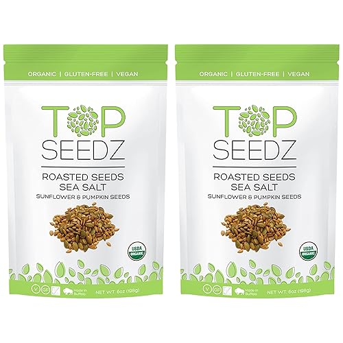 Top Seedz Certified Organic Gluten Free Vegan Sea Salt Roasted Seeds | 2-Pack | 6 Ounces | Made of Shelled Sunflower & Pumpkin Seeds, Sea Salt