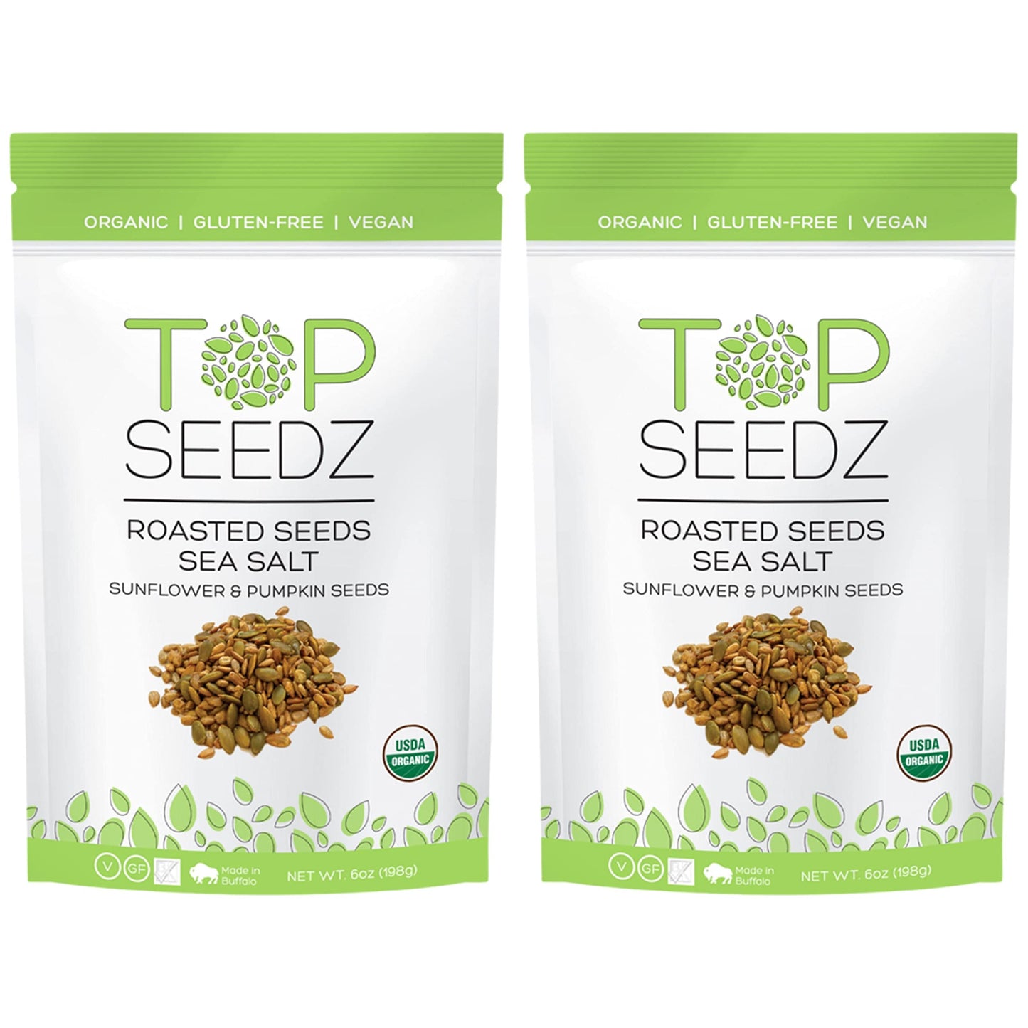 Top Seedz Certified Organic Gluten Free Vegan Sea Salt Roasted Seeds | 2-Pack | 6 Ounces | Made of Shelled Sunflower & Pumpkin Seeds, Sea Salt