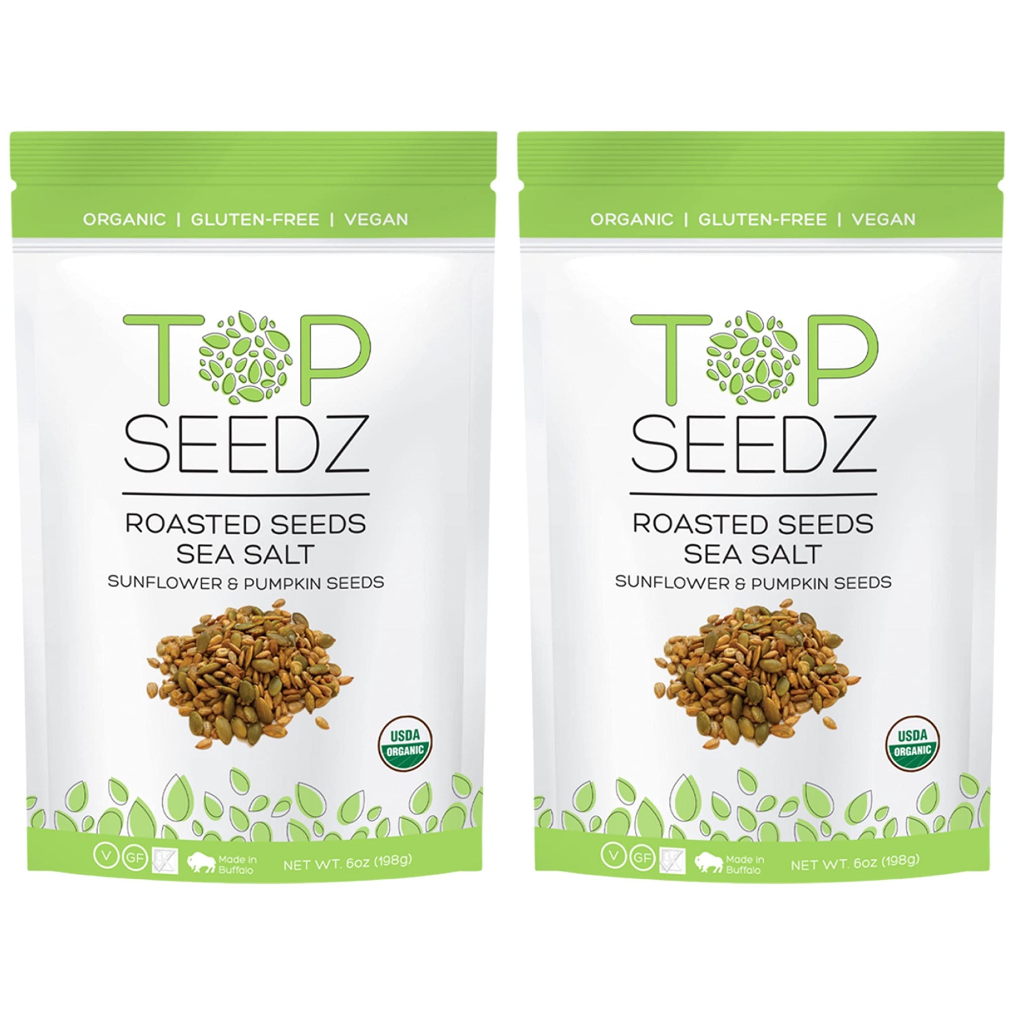 Top Seedz Certified Organic Gluten Free Vegan Sea Salt Roasted Seeds | 2-Pack | 6 Ounces | Made of Shelled Sunflower & Pumpkin Seeds, Sea Salt