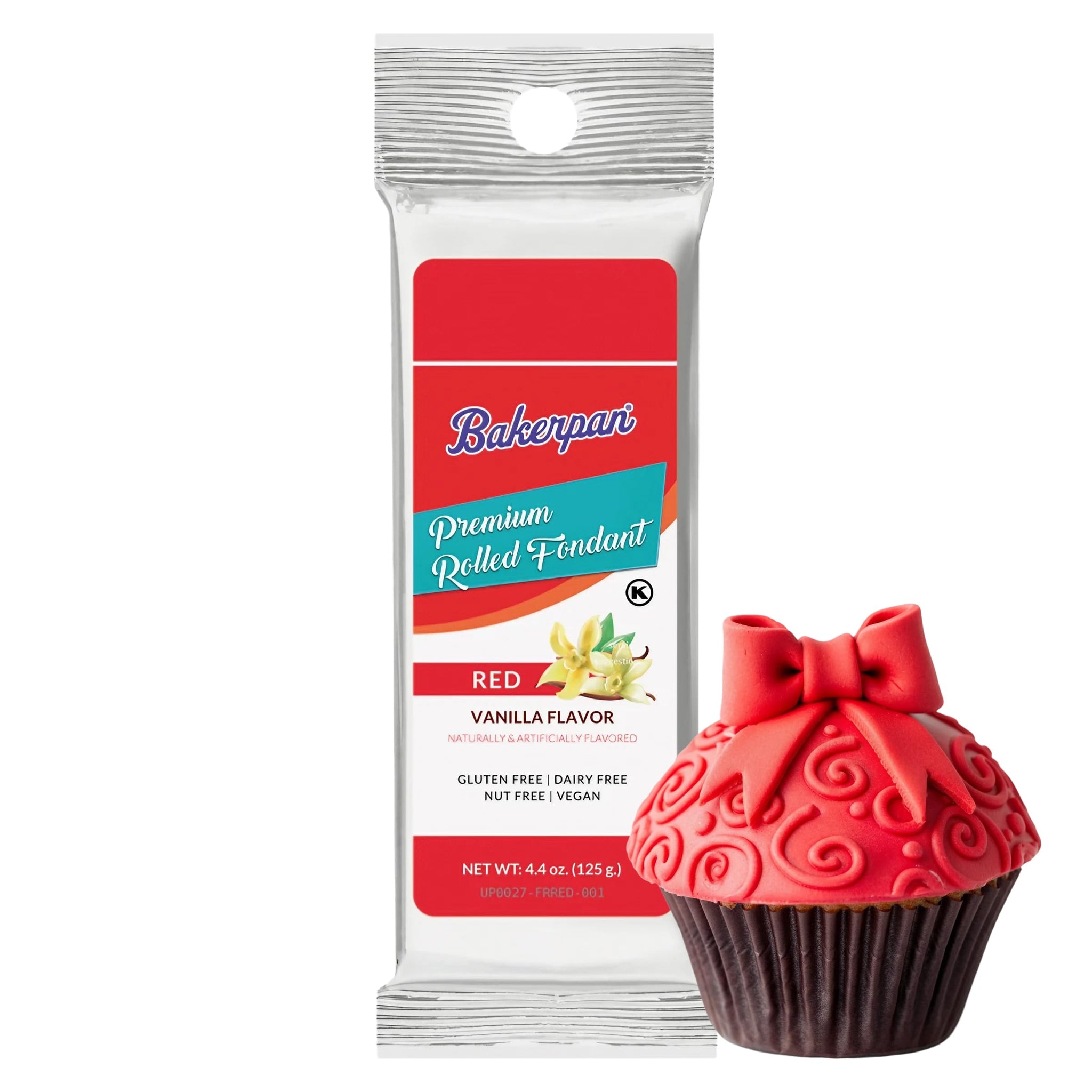 Bakerpan Premium Rolled Red Fondant for Cake Decorating, Vanilla Flavor - 4.4 Ounces (Made in USA)
