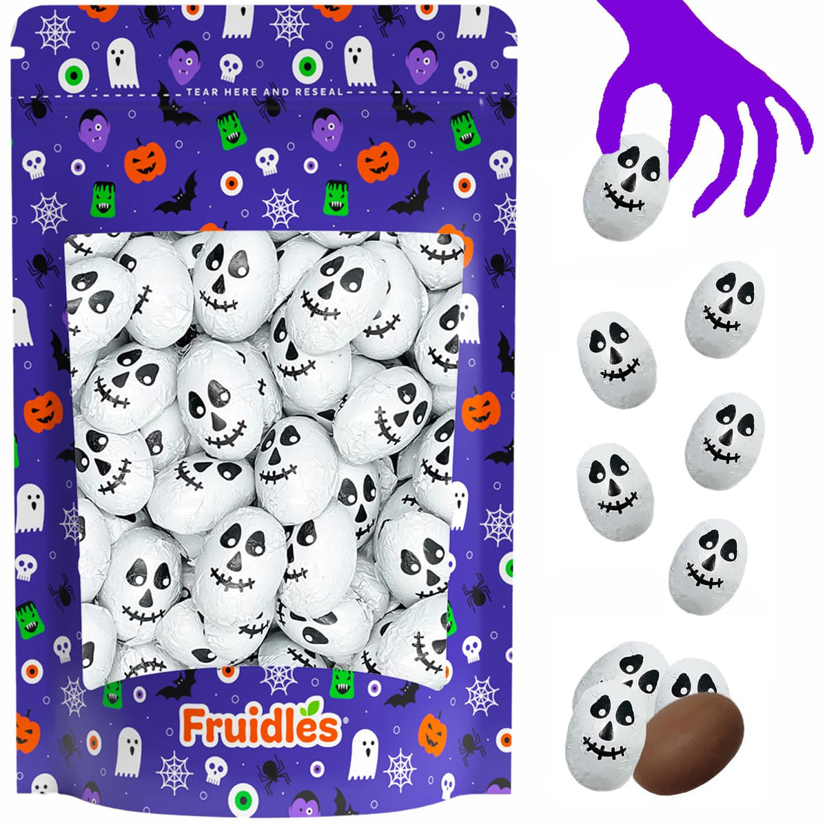 Fruidles Halloween Milk Chocolate Skulls, Trick-Or-Treat Party Bag Fillers, Individually Wrapped in Multi-color Skull Design Foils, Kosher Certified