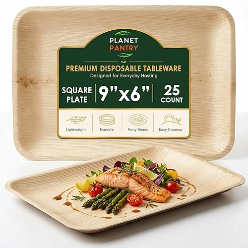 Planet Pantry Disposable 9"x6" Rectangle Plates (25 pcs) | Compostable Wooden Bamboo Plates | for Party, Wedding, Charcuterie Cheese Board |