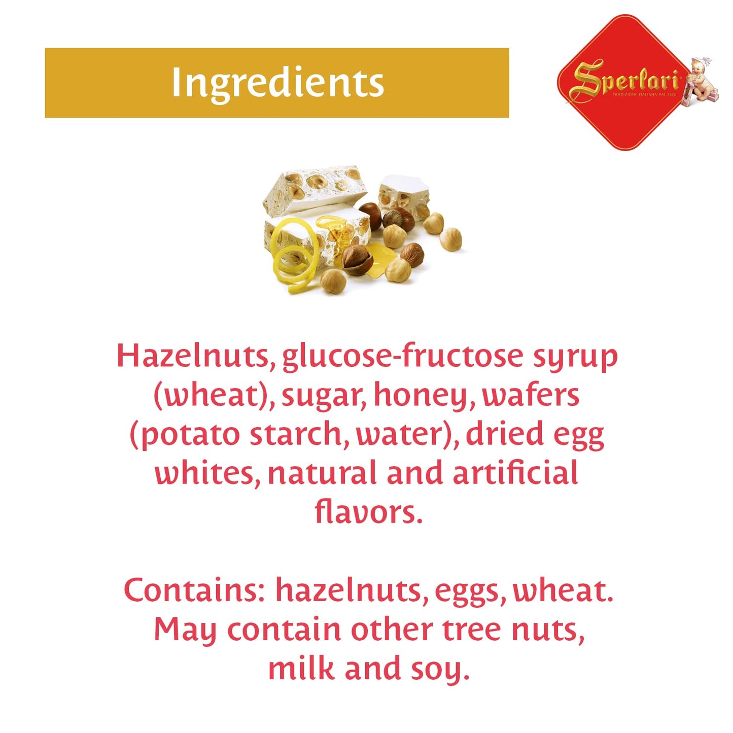 Sperlari Torrone Traditional Italian Candy - Gourmet Hard Nougat With Lemon, Vanilla & Crunchy Chopped Hazelnuts - Full Size Imported European Candy