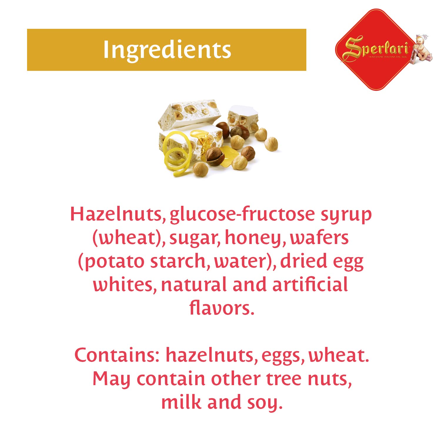 Sperlari Torrone Traditional Italian Candy - Gourmet Hard Nougat With Lemon, Vanilla & Crunchy Chopped Hazelnuts - Full Size Imported European Candy