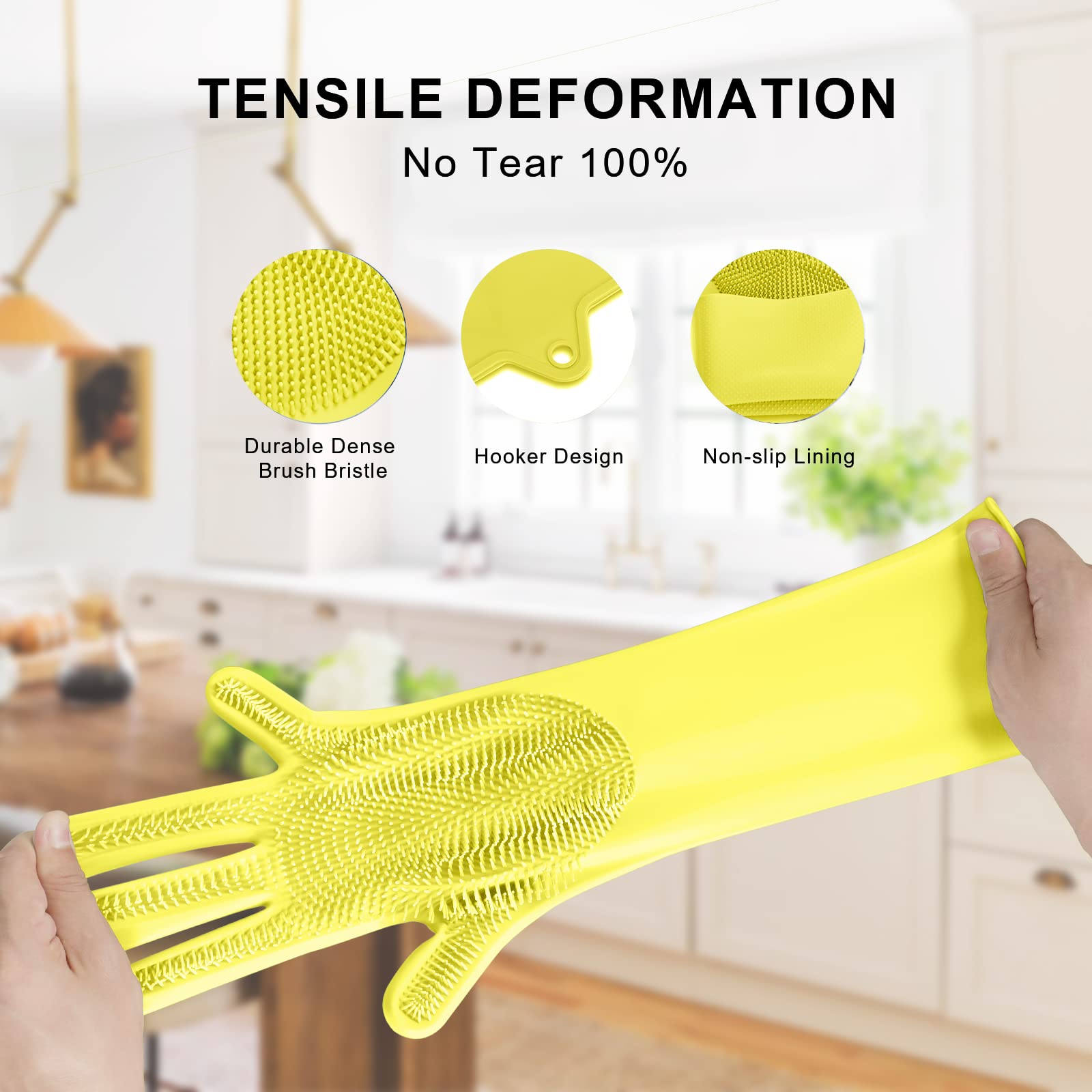 Silicone Dishwashing Scrubber Glove Brush - Reusable Rubber Kitchen Gloves for Housework, Car, Bathroom, Clothes, Pet (Yellow)