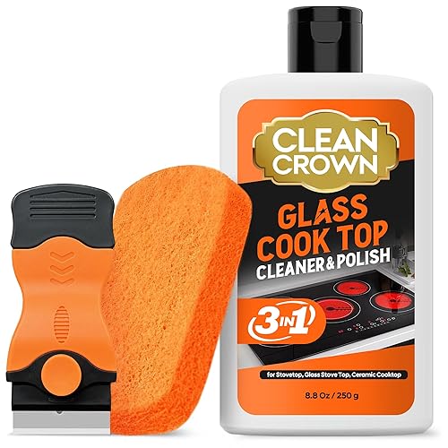 CleanCrown 3-in-1 Cooktop Cleaner Kit (8.8 Oz Cooktop Cleaner + Scrubbing Pad + Scraper), Stovetop Cleaner for Electric Top Stoves, Ceramic Cooktops