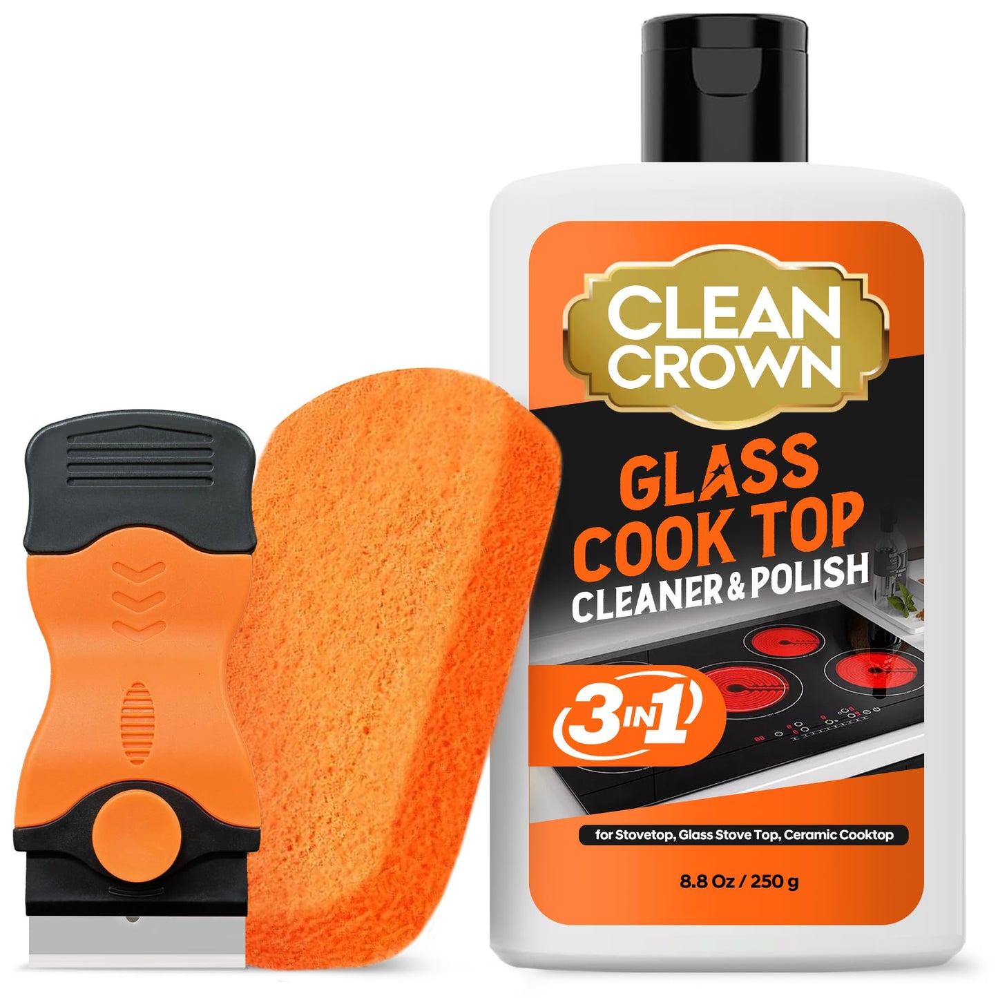 CleanCrown 3-in-1 Cooktop Cleaner Kit (8.8 Oz Cooktop Cleaner + Scrubbing Pad + Scraper), Stovetop Cleaner for Electric Top Stoves, Ceramic Cooktops