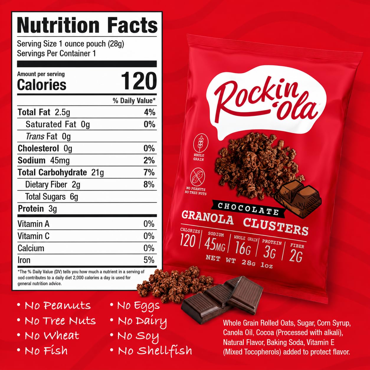 Rockin'Ola Granola Clusters, Quick Breakfast Snack, Allergen Free, No Artificial Flavors, Colors or Preservatives, On-The-Go Healthy Snack Packets (25