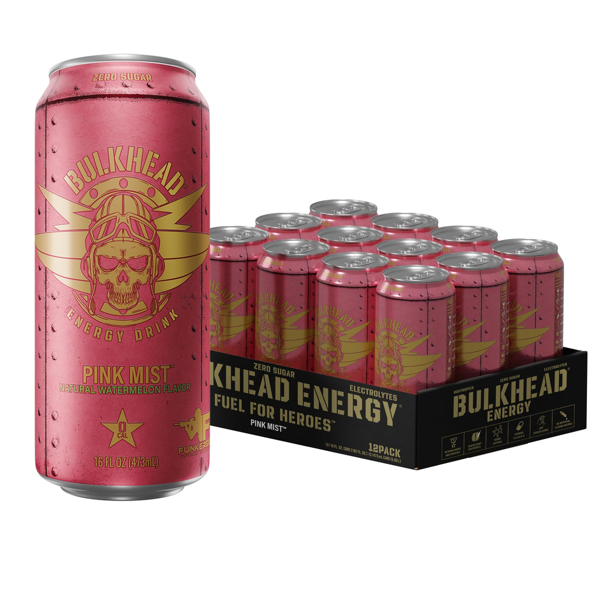 Bulkhead Energy Pink Mist Watermelon Energy Drink, 300 mg Caffeine, 12 Pack