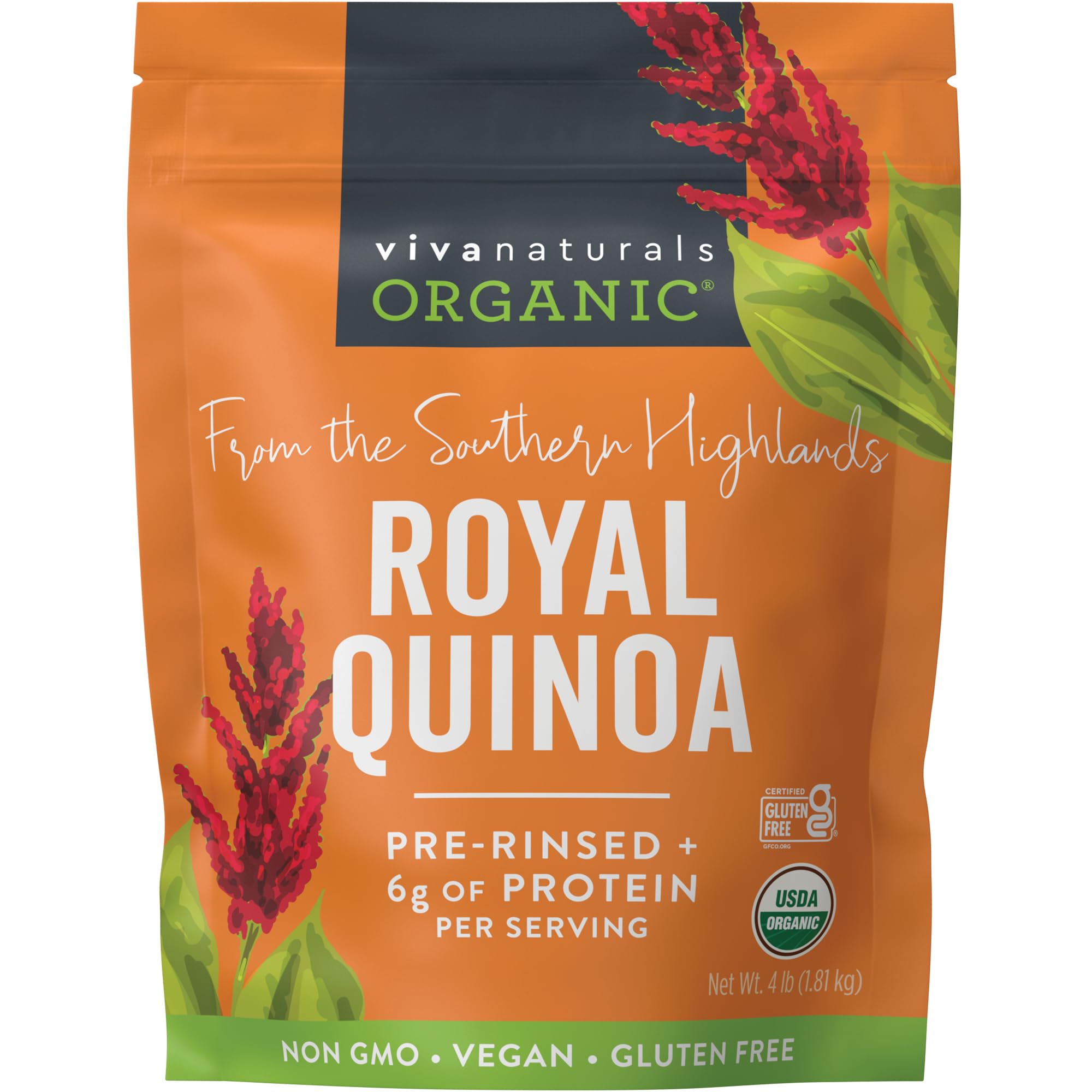 Viva Naturals Organic Quinoa, 4 lb - Pre-Washed Whole Grain, Plant Protein, USDA Organic, Gluten-Free, Non-GMO, Vegan, Kosher Rice and Pasta Substitute