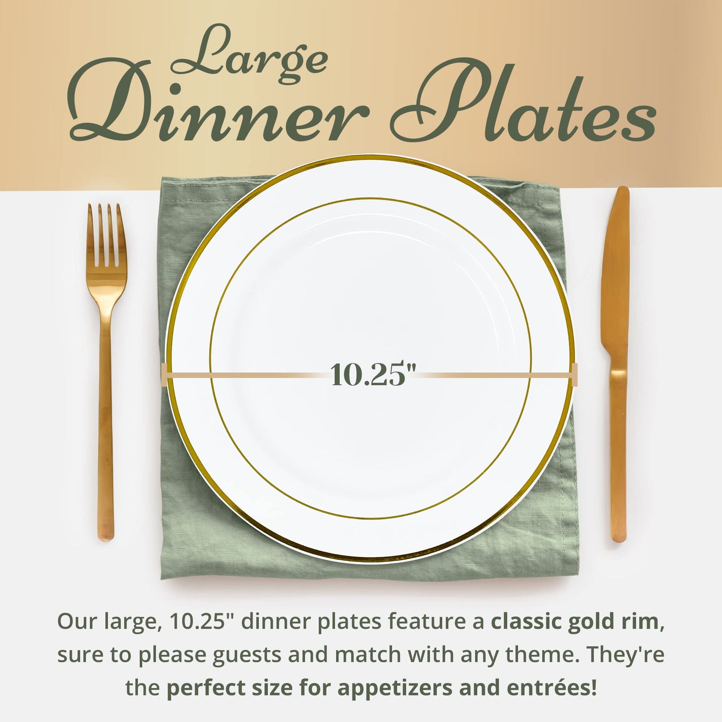 Reli. 110 Pcs Plastic Dinner Plates, Disposable (10.25 inch, White w/Gold Rim) Heavy Duty Plates for Party, Elegant Dinner, Wedding, Birthday | White