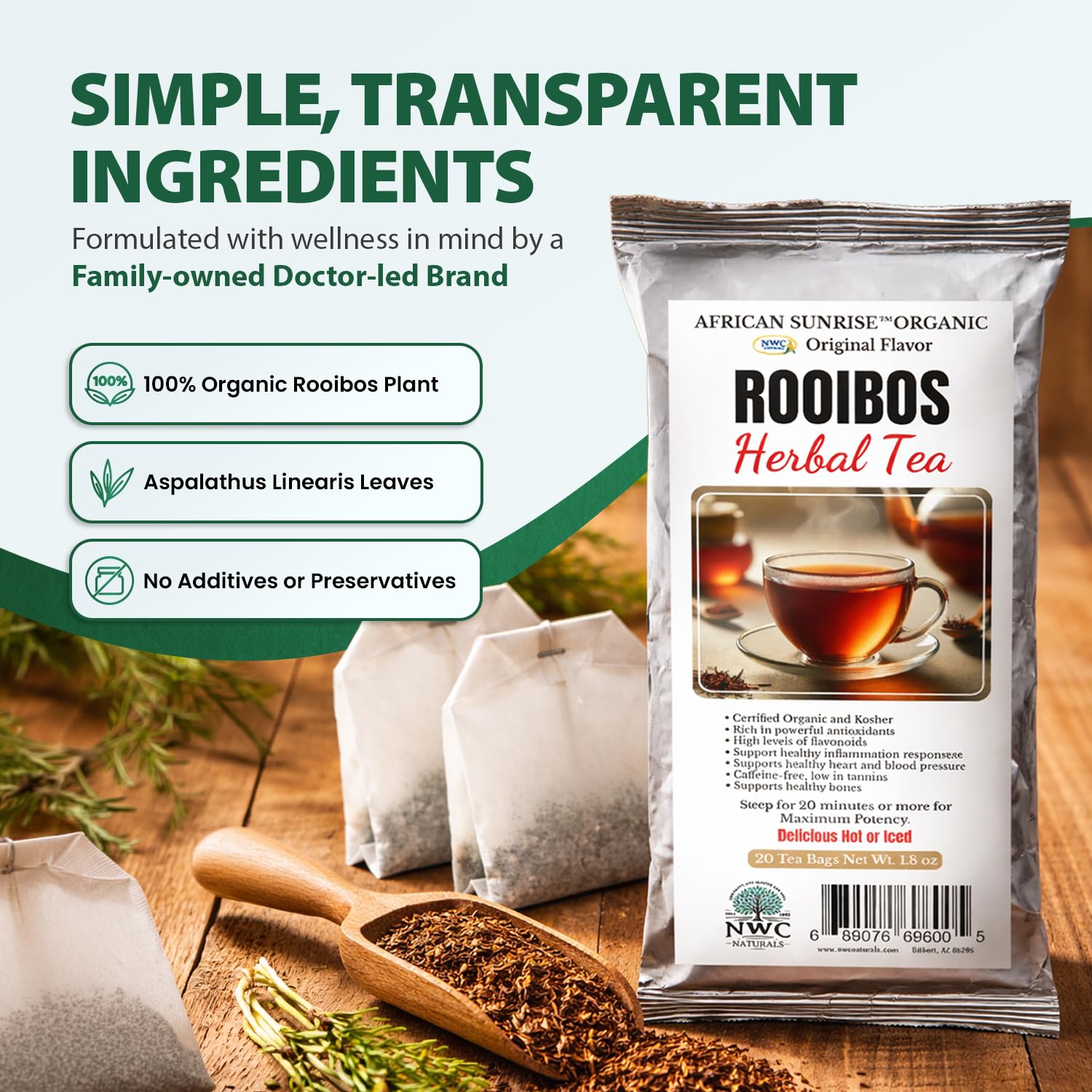 NWC Naturals African Sunrise Organic Rooibos Tea, Non-GMO, Caffeine Free, Kosher, Organic - 20 Count Tea Bags
